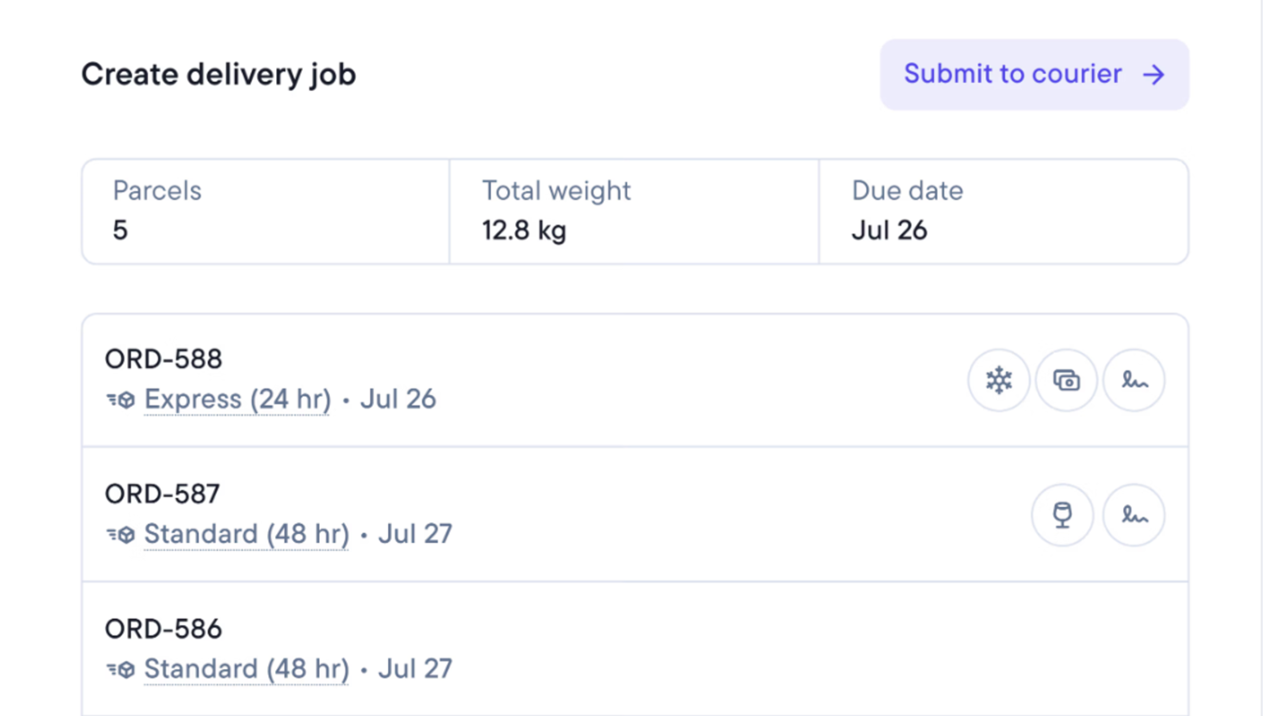 User interface for creating a delivery job, showing 5 parcels, total weight 12.8 kg, due July 26, and a list of orders with details like ORD-588 Express.