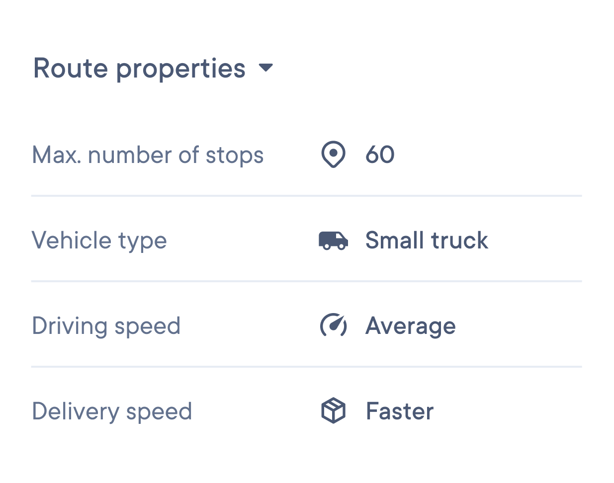 a screen shows the route properties of a small truck