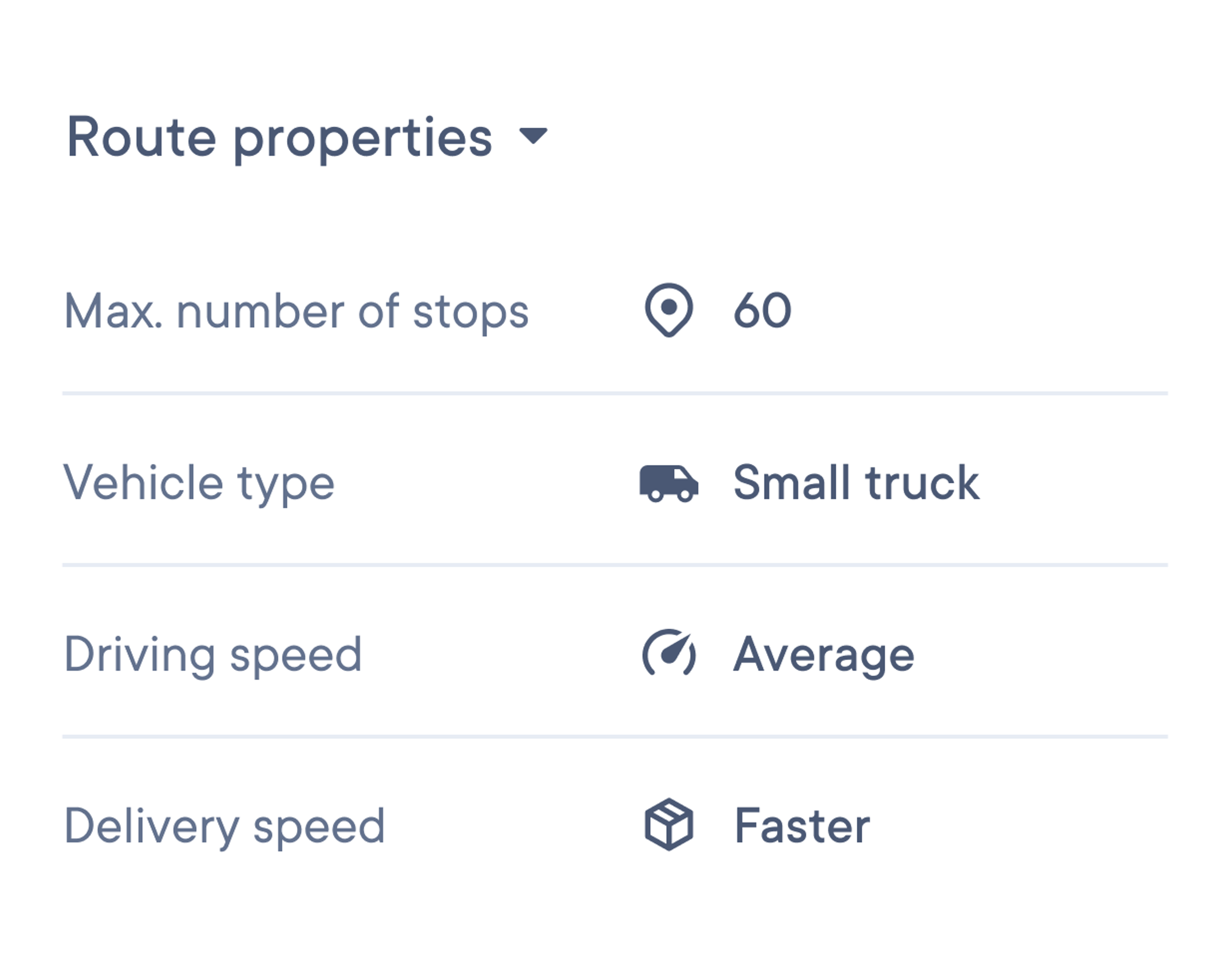 a screen shows the route properties of a small truck