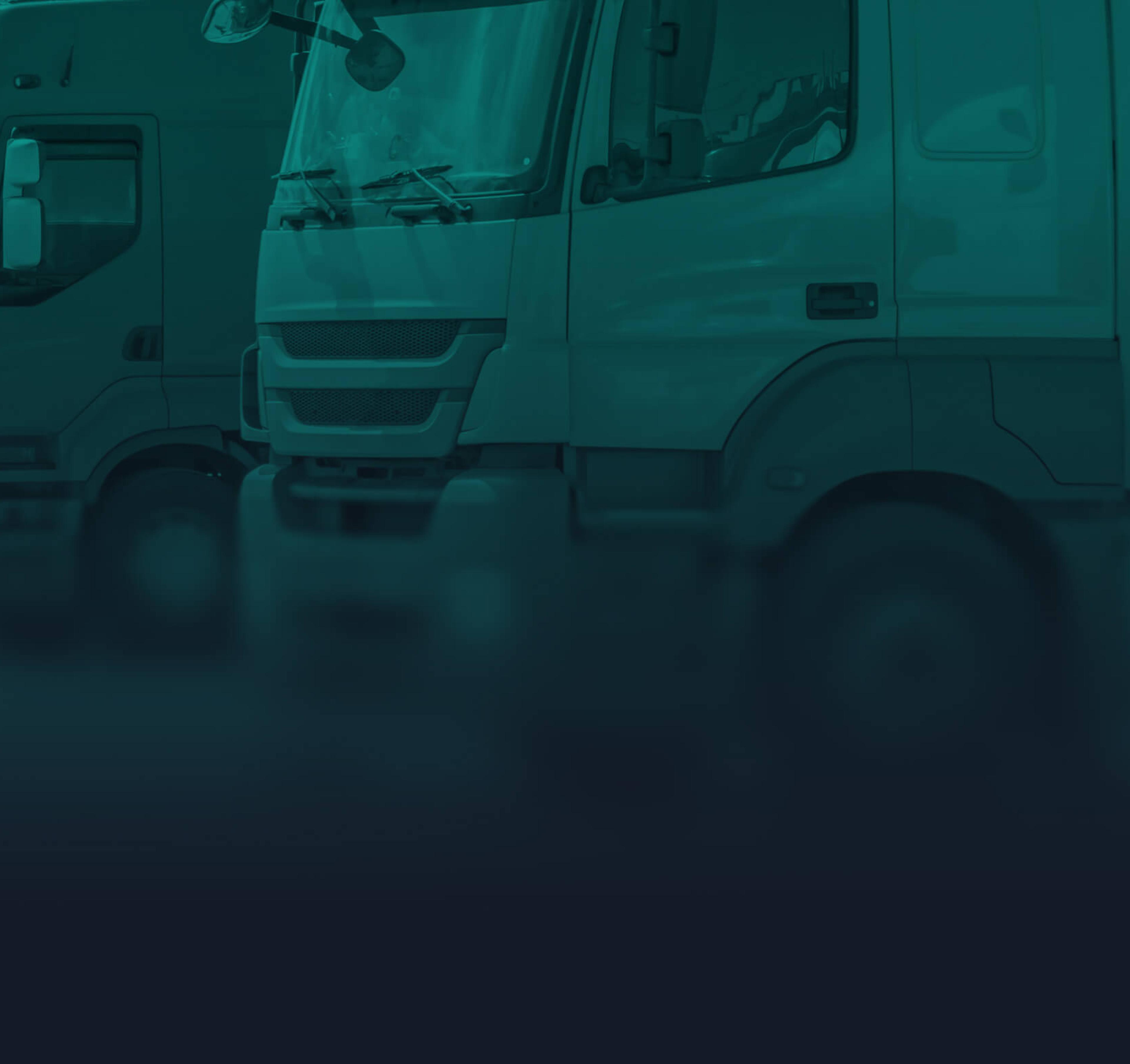 Row of large commercial trucks parked side by side in a logistics yard, overlaid with a teal color filter.