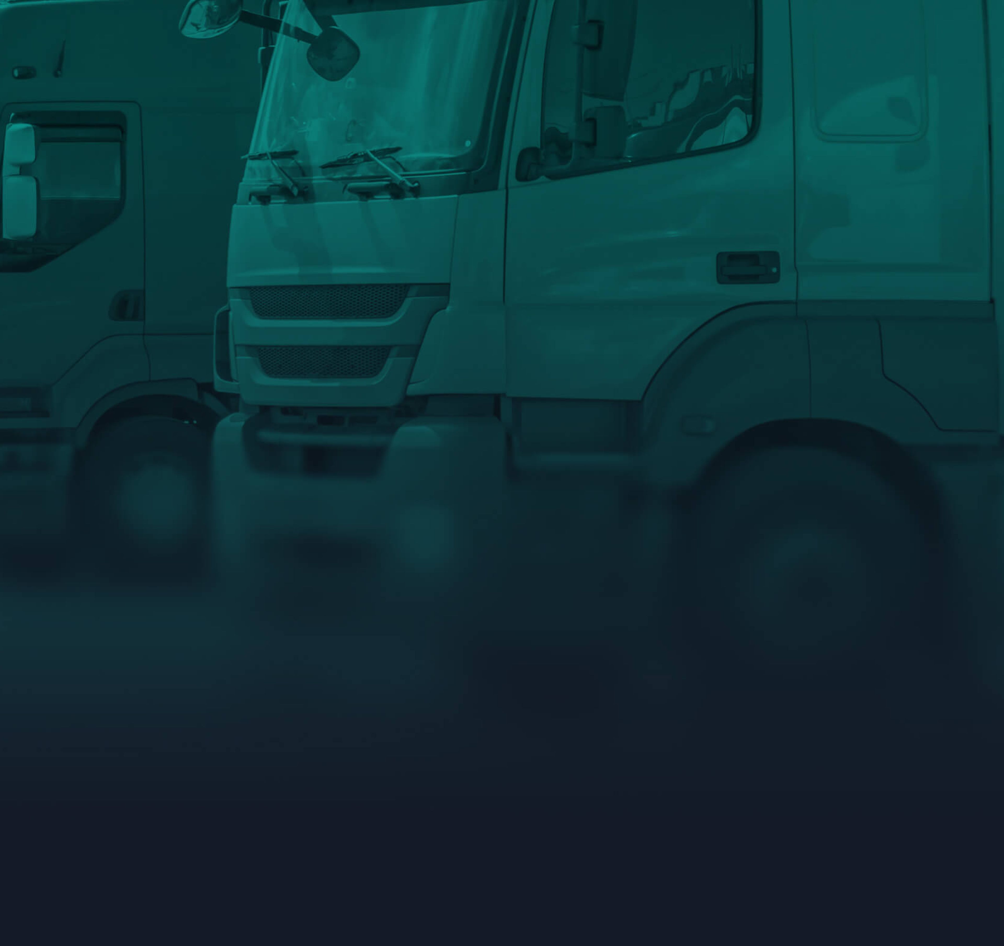 Row of large commercial trucks parked side by side in a logistics yard, overlaid with a teal color filter.