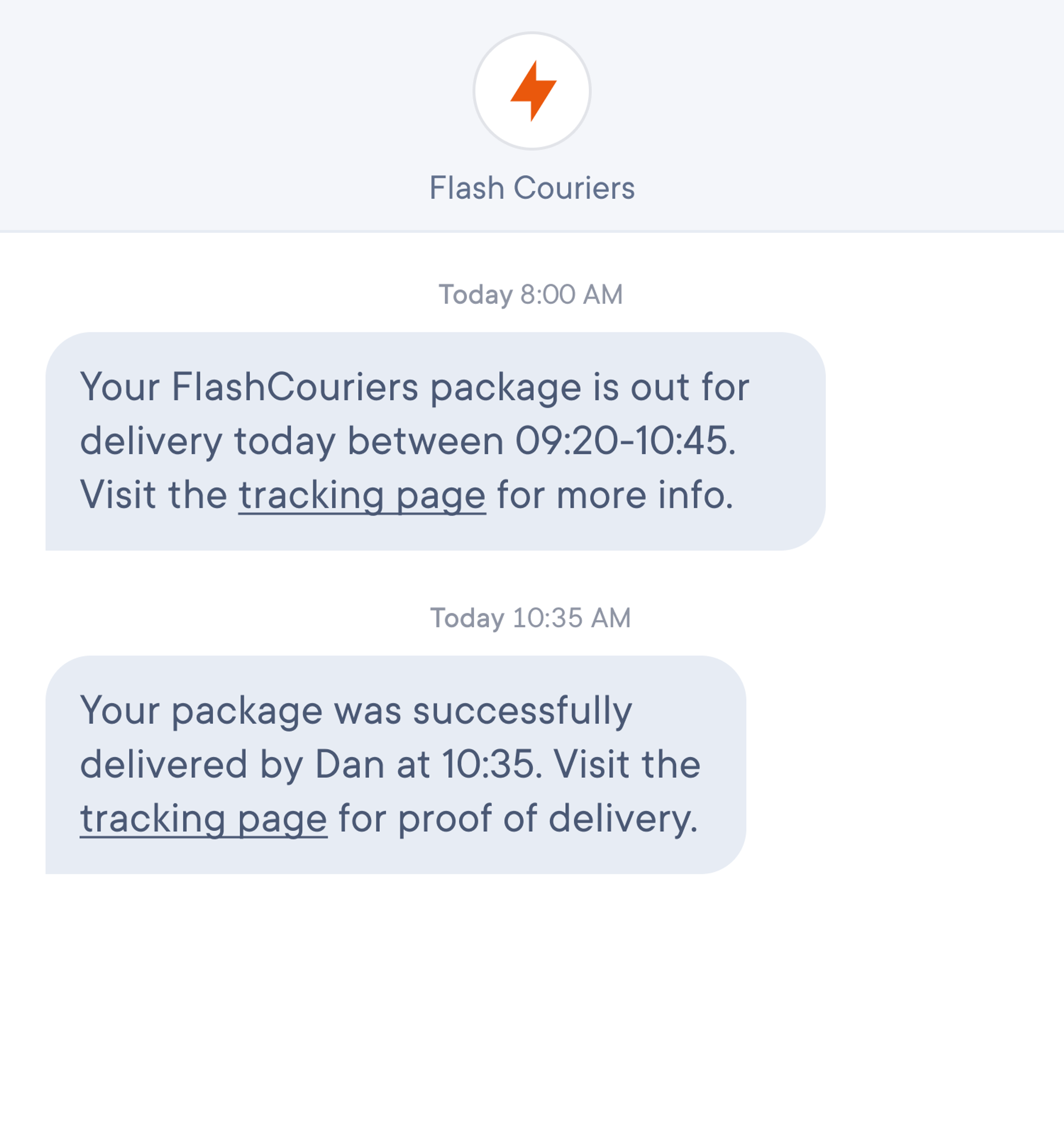 Text message notifications from Flash Couriers showing delivery schedule between 09:20–10:45 and successful delivery by Dan at 10:35, with a tracking link provided.