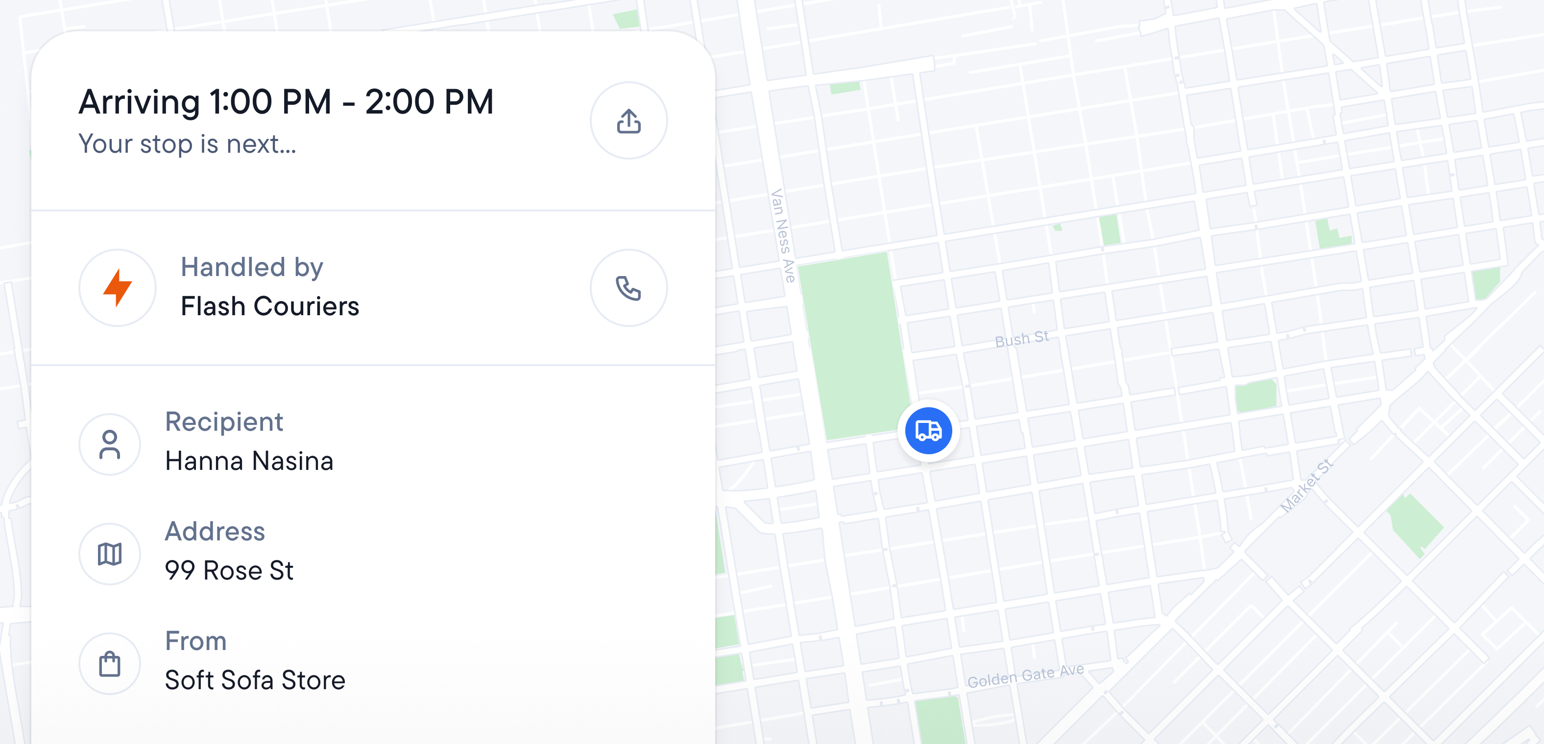 Delivery tracking app showing courier logo and name, and a map with a delivery vehicle.
