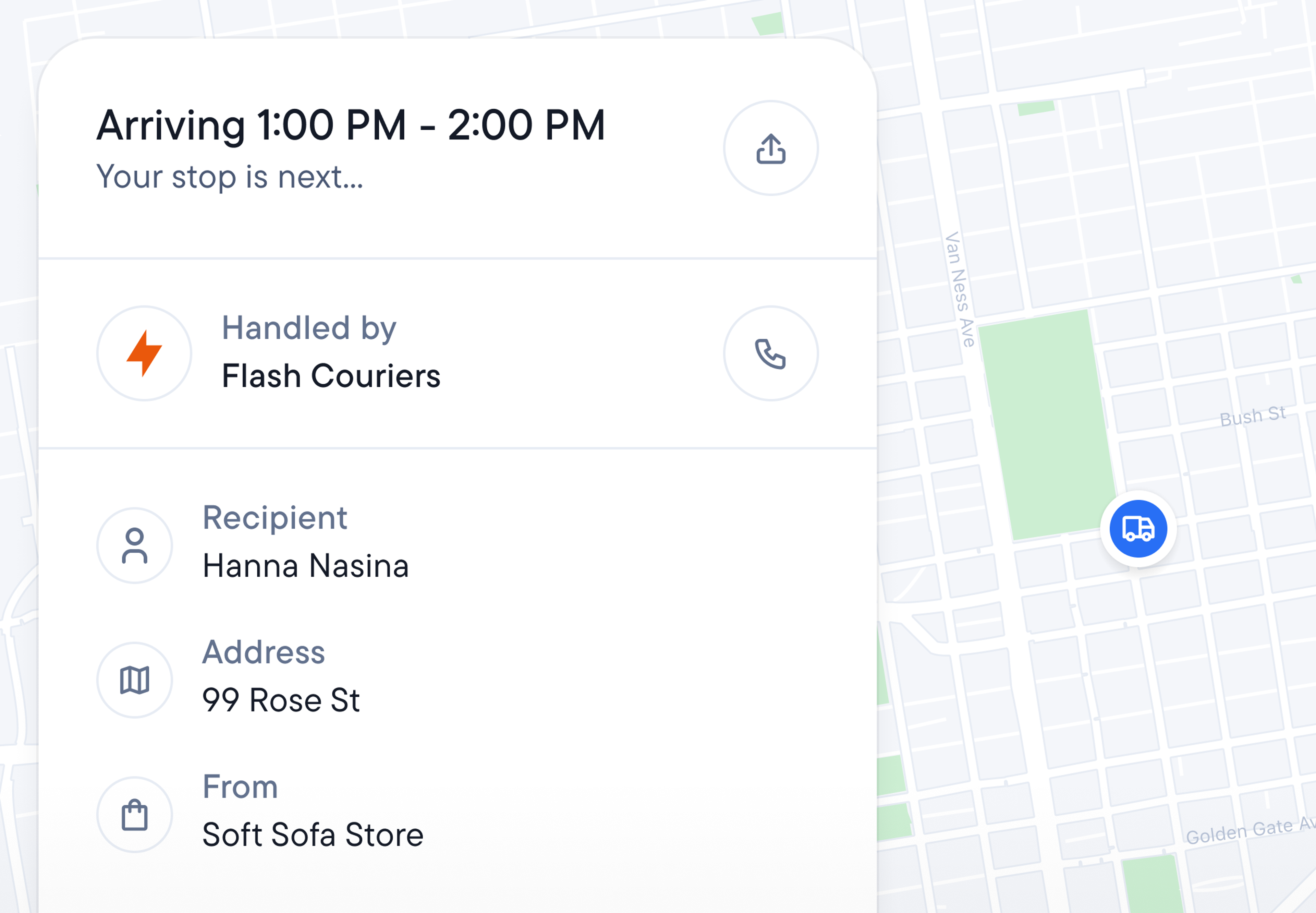 Delivery tracking app showing courier logo and name, and a map with a delivery vehicle.