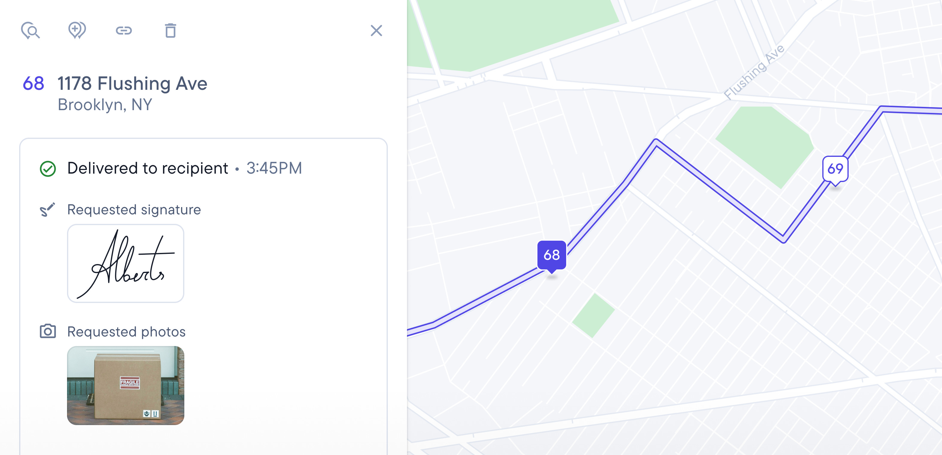 Delivery tracking interface showing details for a package delivered to 1178 Flushing Ave, with a recipient signature, package photo, and a map displaying the delivery route with stops 68 and 69.