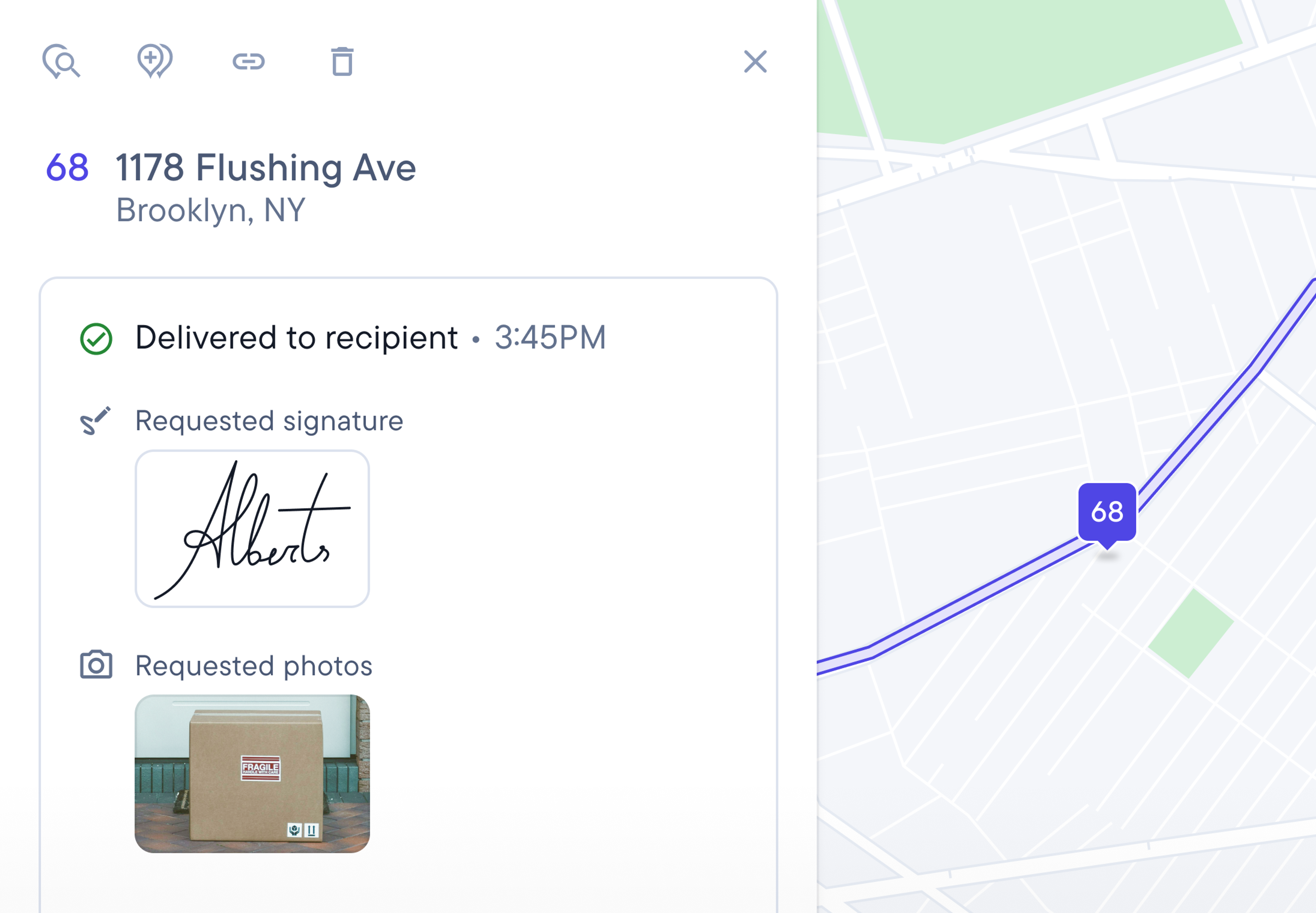 Delivery tracking interface showing details for a package delivered to 1178 Flushing Ave, with a recipient signature, package photo, and a map displaying the delivery route with stops 68 and 69.