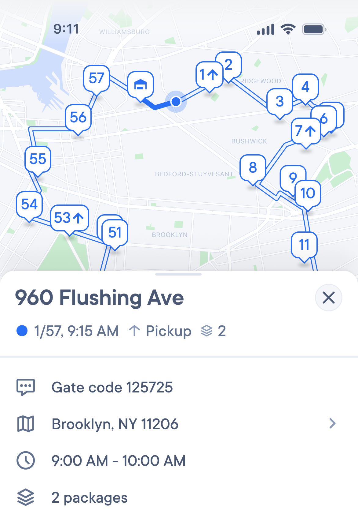 a map showing the route of 960 flushing ave