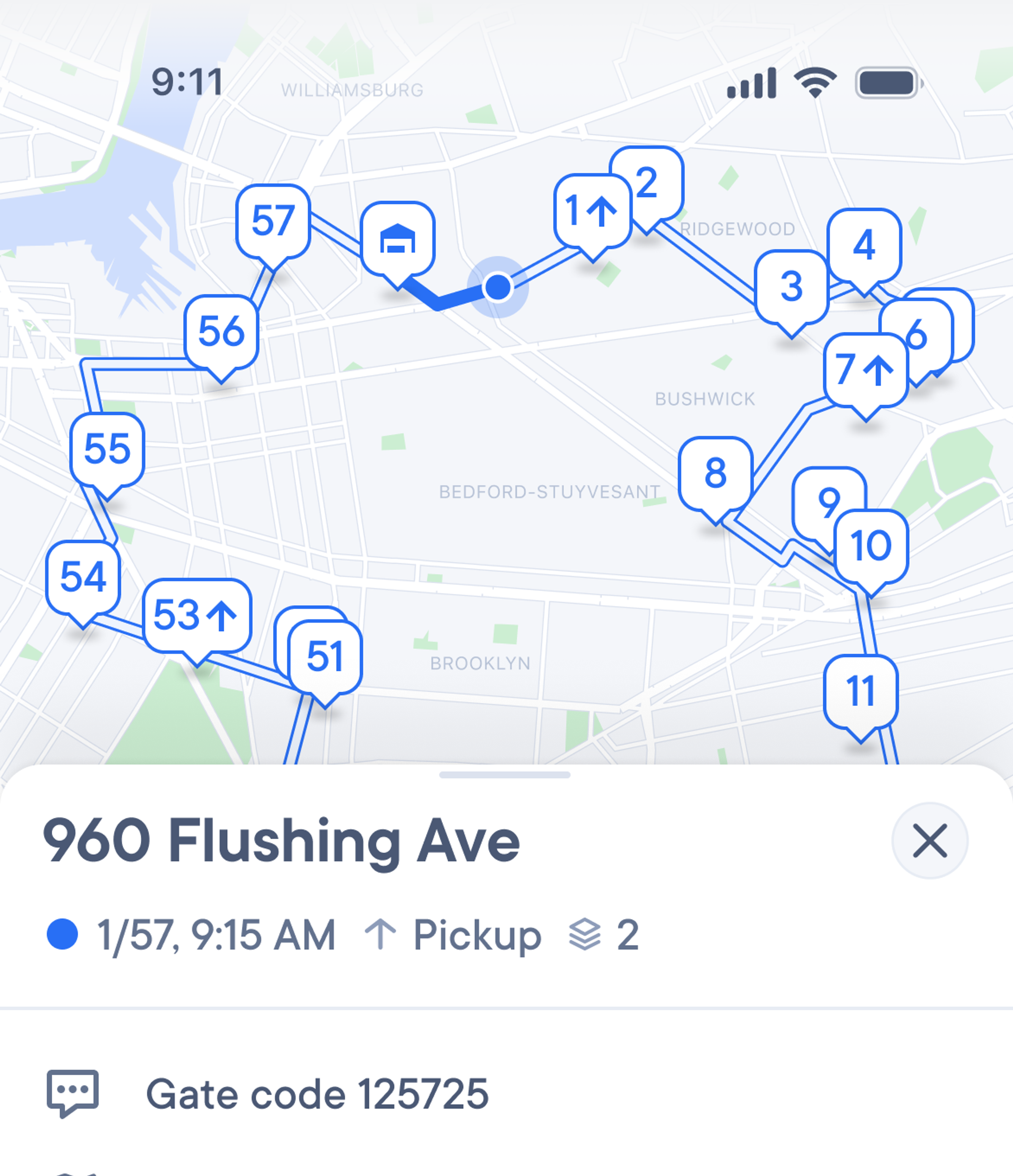 a map showing the route of 960 flushing ave