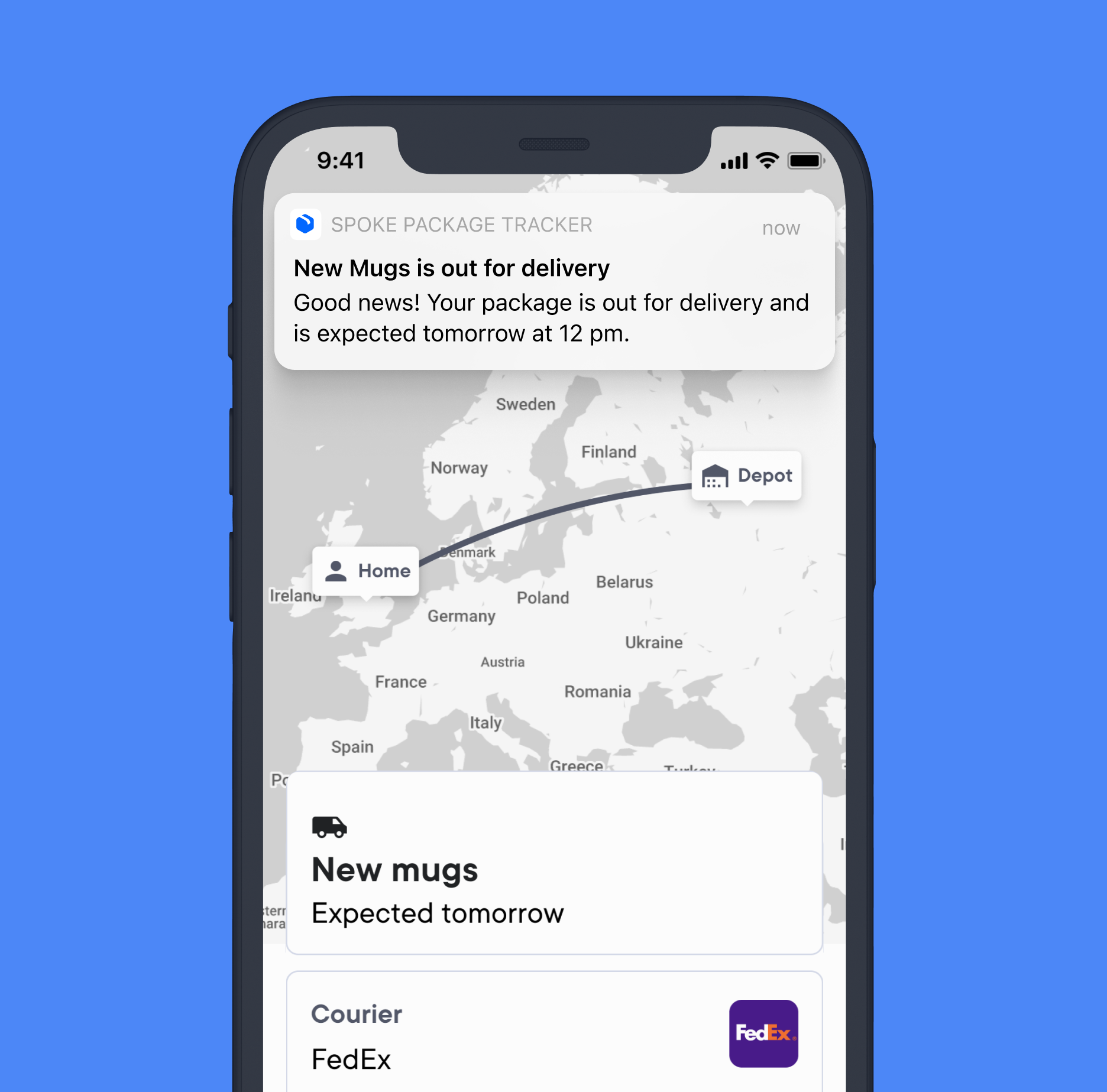 A smartphone screen showing a package tracking app with a map of Europe, a delivery notification for "New Mugs" expected tomorrow, and FedEx courier details.