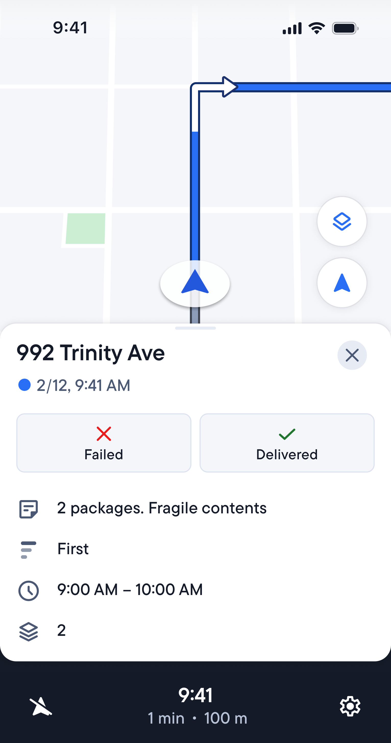 A mobile app displays a delivery route on a map, with a card showing details for 992 Trinity Ave, options to mark delivery as 'Failed' or 'Delivered', and notes about 2 fragile packages.