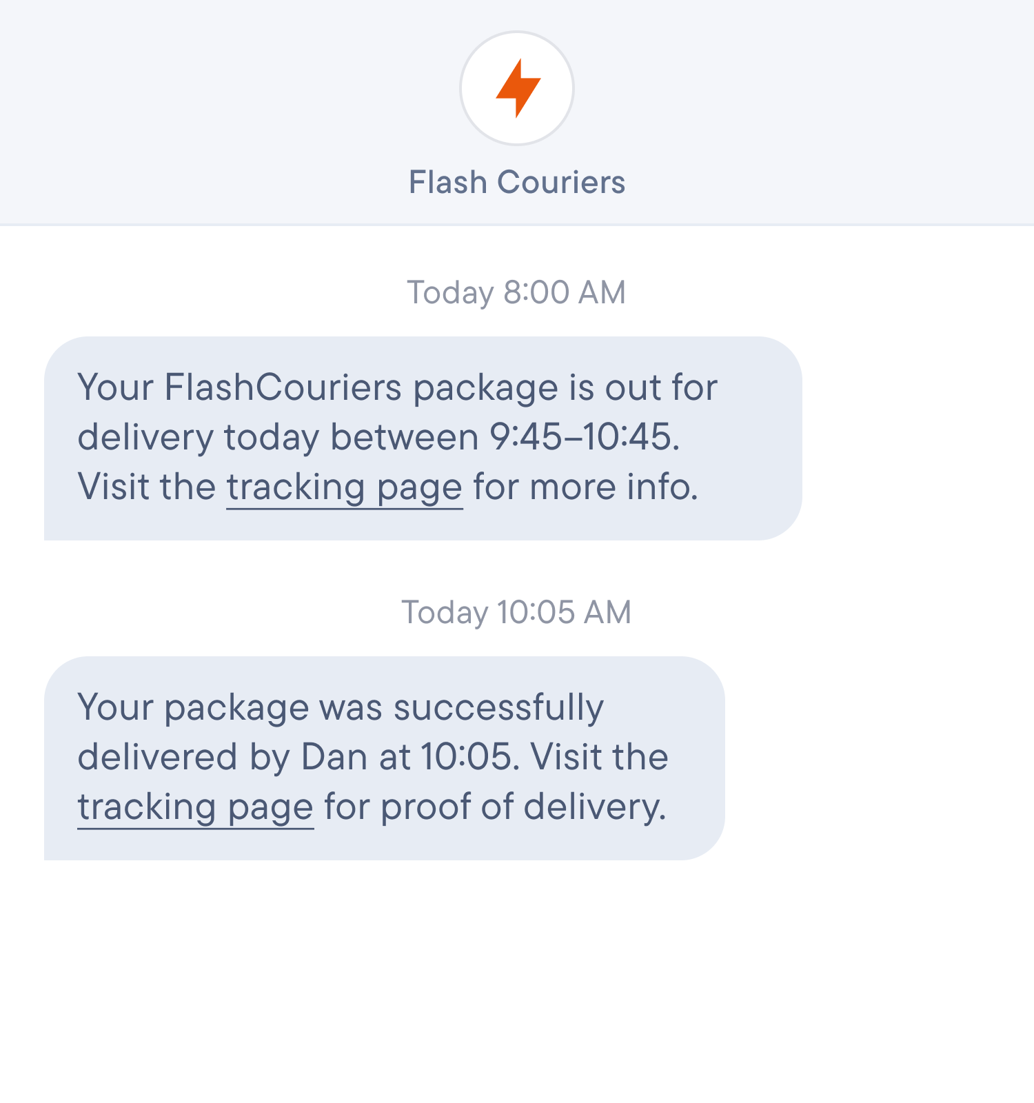 Text message notifications from Flash Couriers showing delivery schedule between 09:20–10:45 and successful delivery by Dan at 10:35, with a tracking link provided.