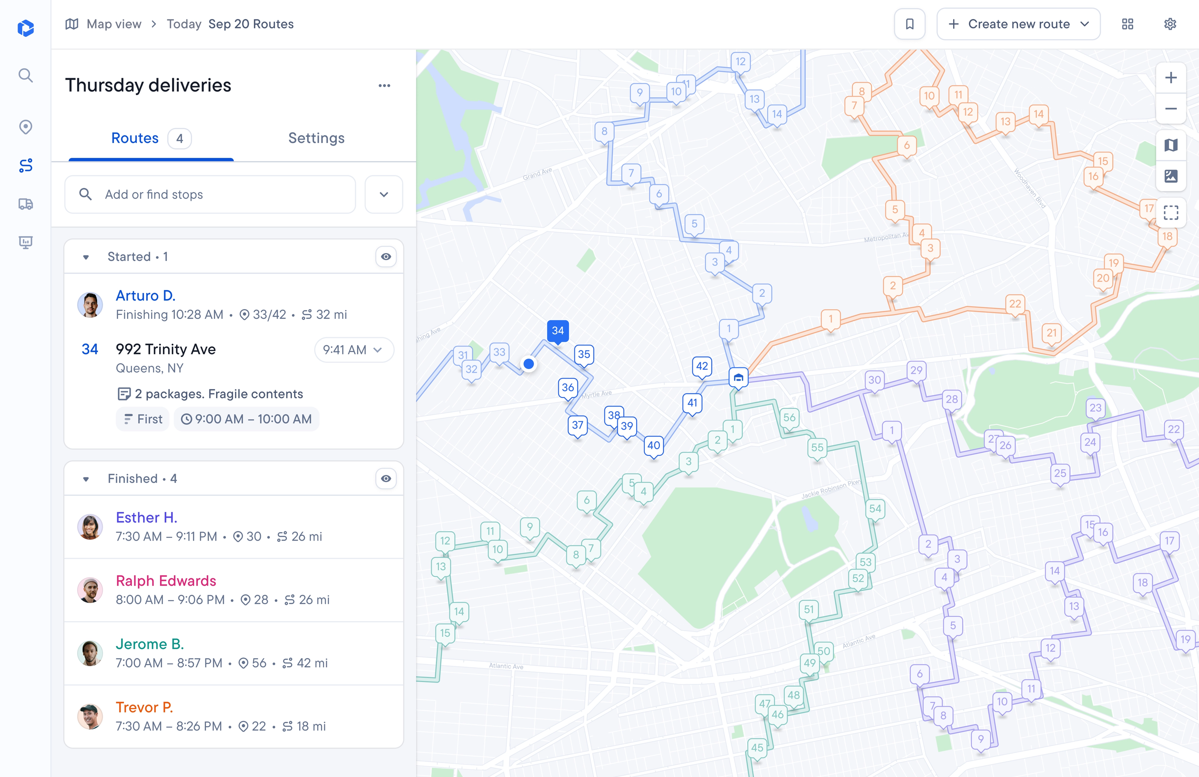 Delivery route management application showing a list of routes on the left and a map with corresponding colored paths and numbered stops on the right.