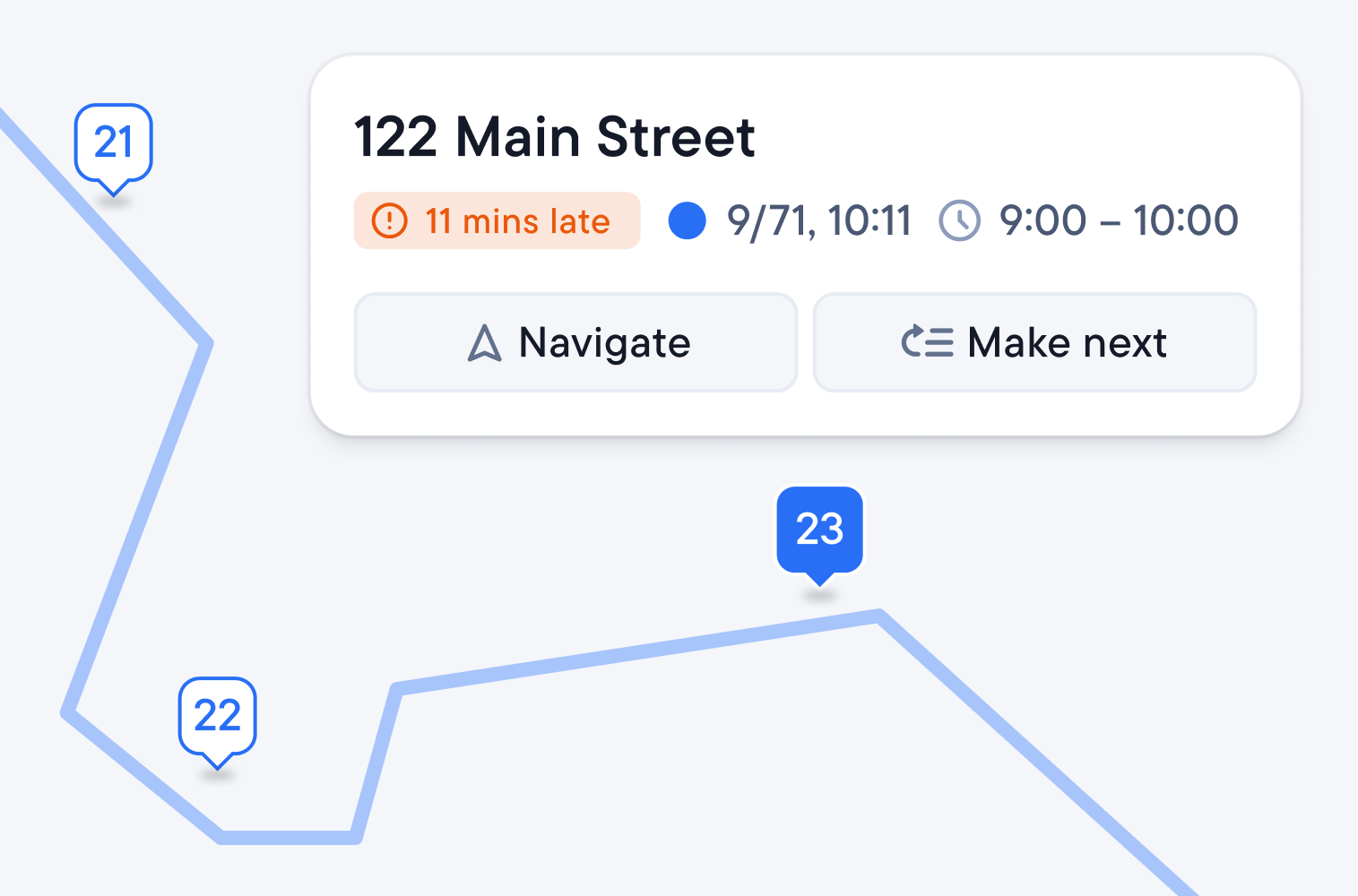 Stop at 122 Main Street running 11 minutes late, with Navigate and Make next buttons