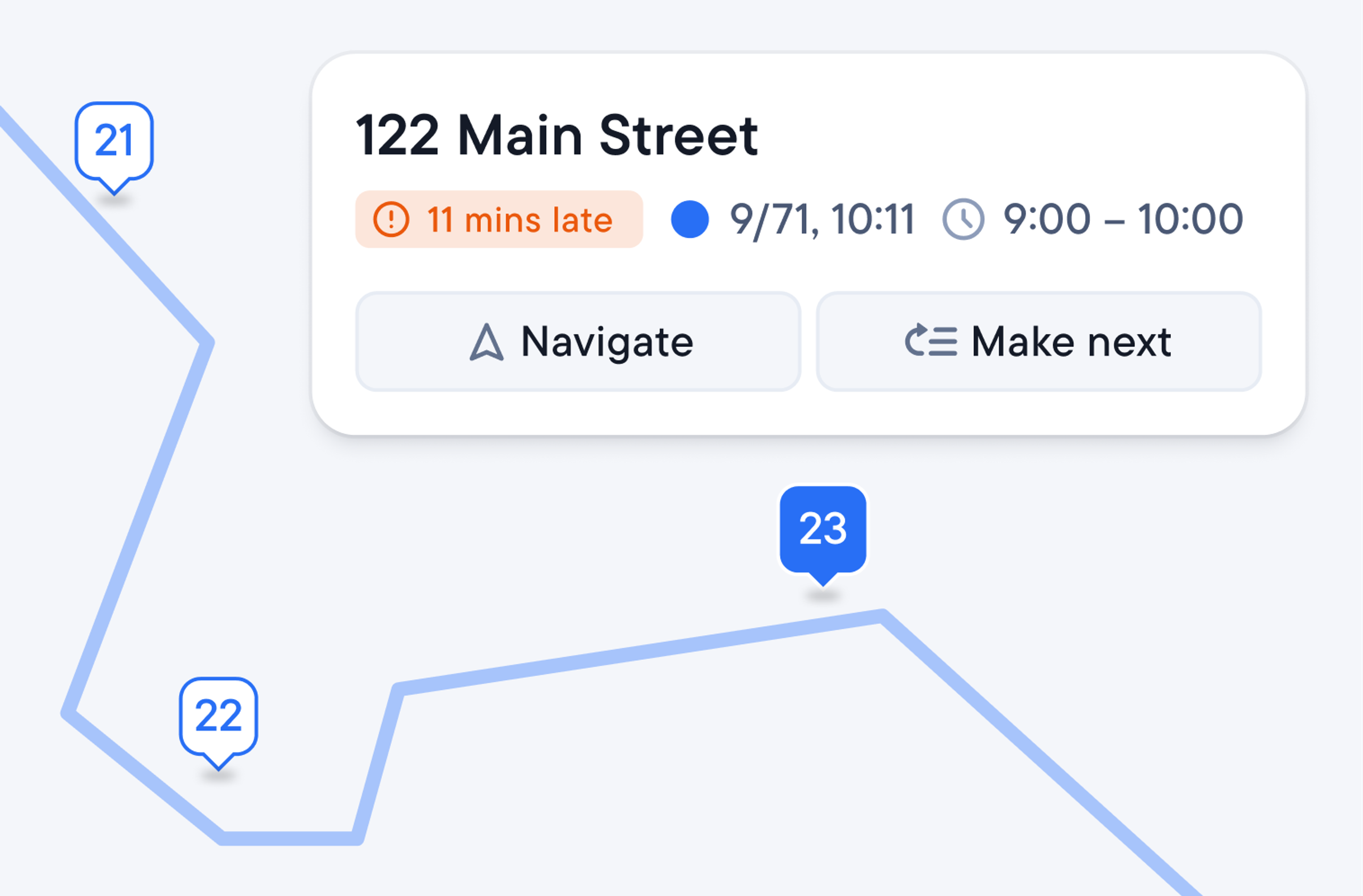 Stop at 122 Main Street running 11 minutes late, with Navigate and Make next buttons