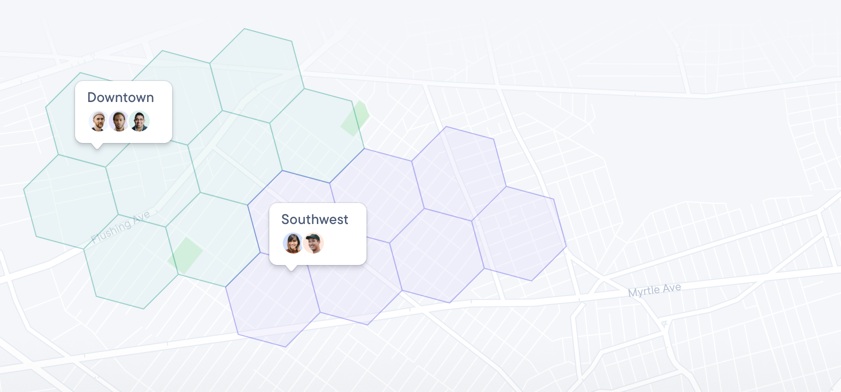 Map displaying hexagonal regions: a green "Downtown" area with 3 avatars and a purple "Southwest" area with 2 avatars.