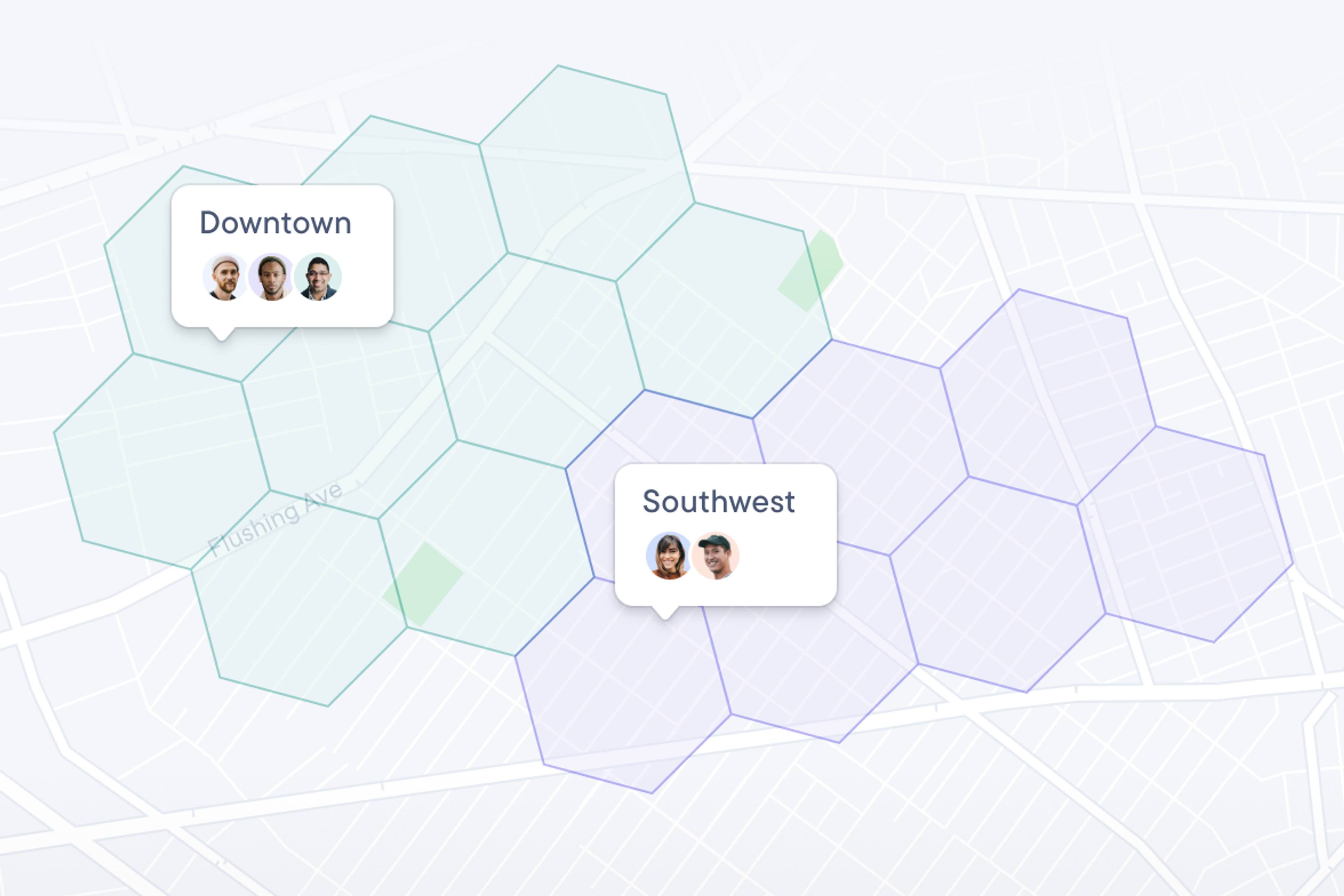 Map displaying hexagonal regions: a green "Downtown" area with 3 avatars and a purple "Southwest" area with 2 avatars.