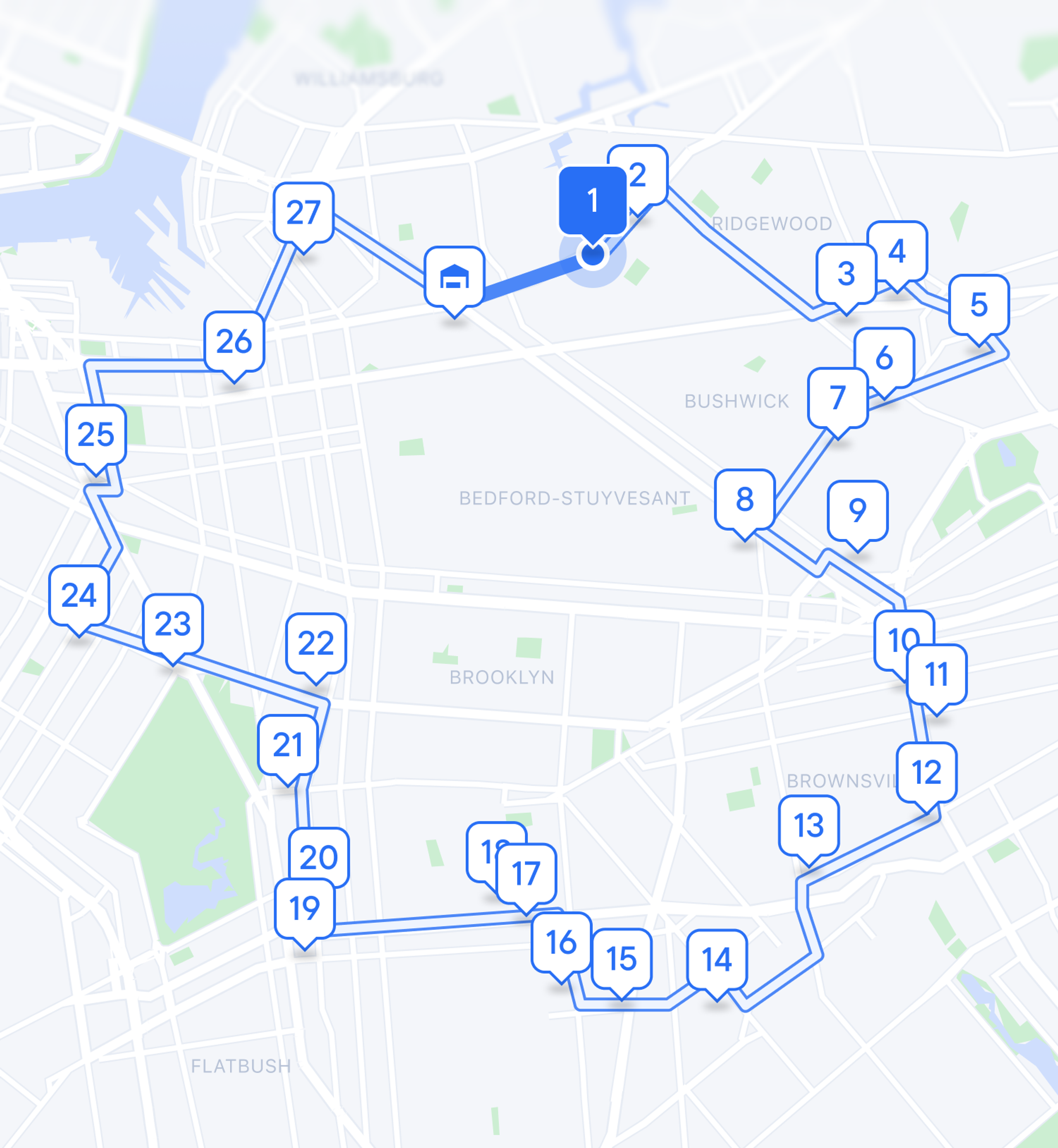 A map showing a numbered route with 27 stops forming a loop in Brooklyn, New York.