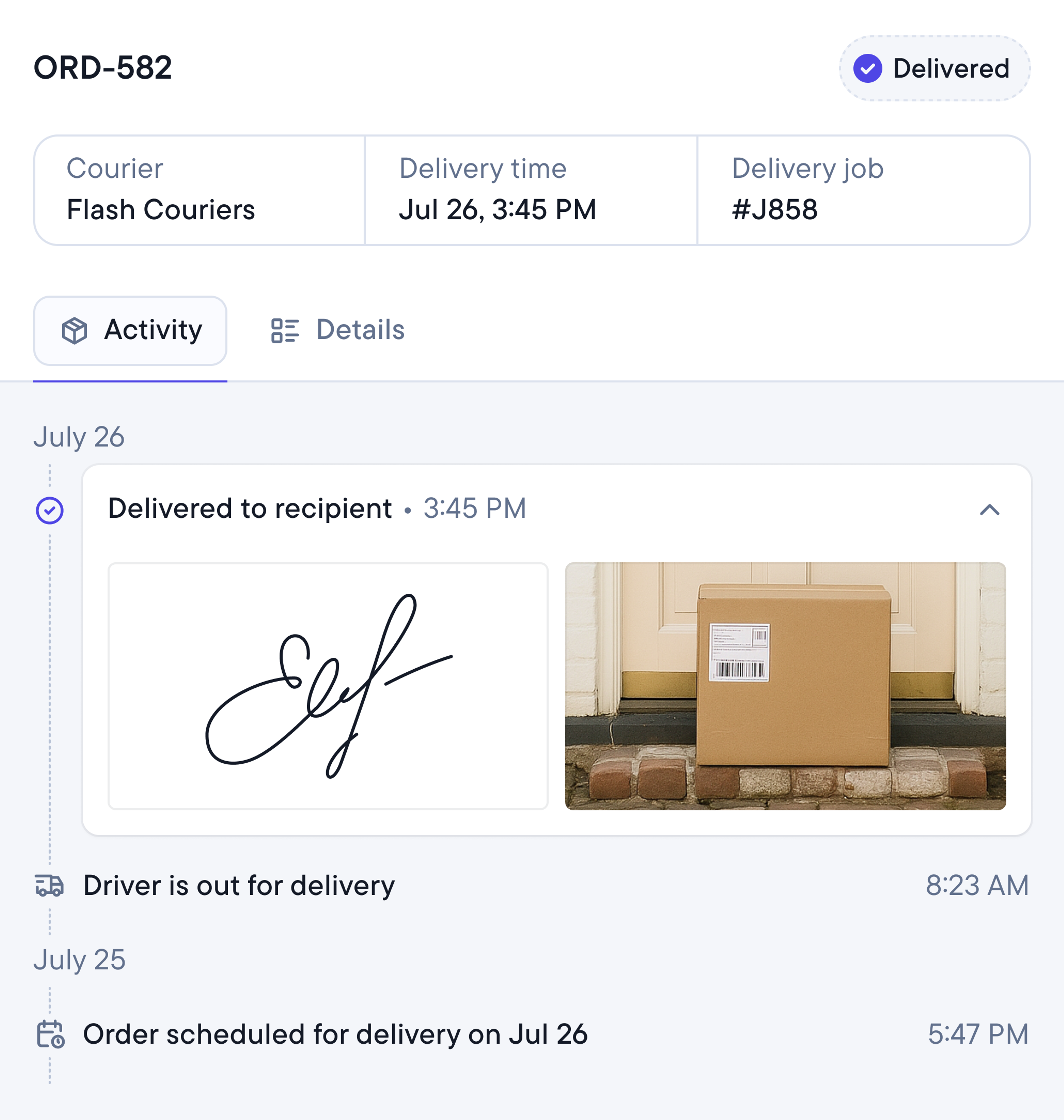 A delivery tracking interface for order ORD-582 marked "Delivered," showing a digital signature and a photo of a package on a doorstep.