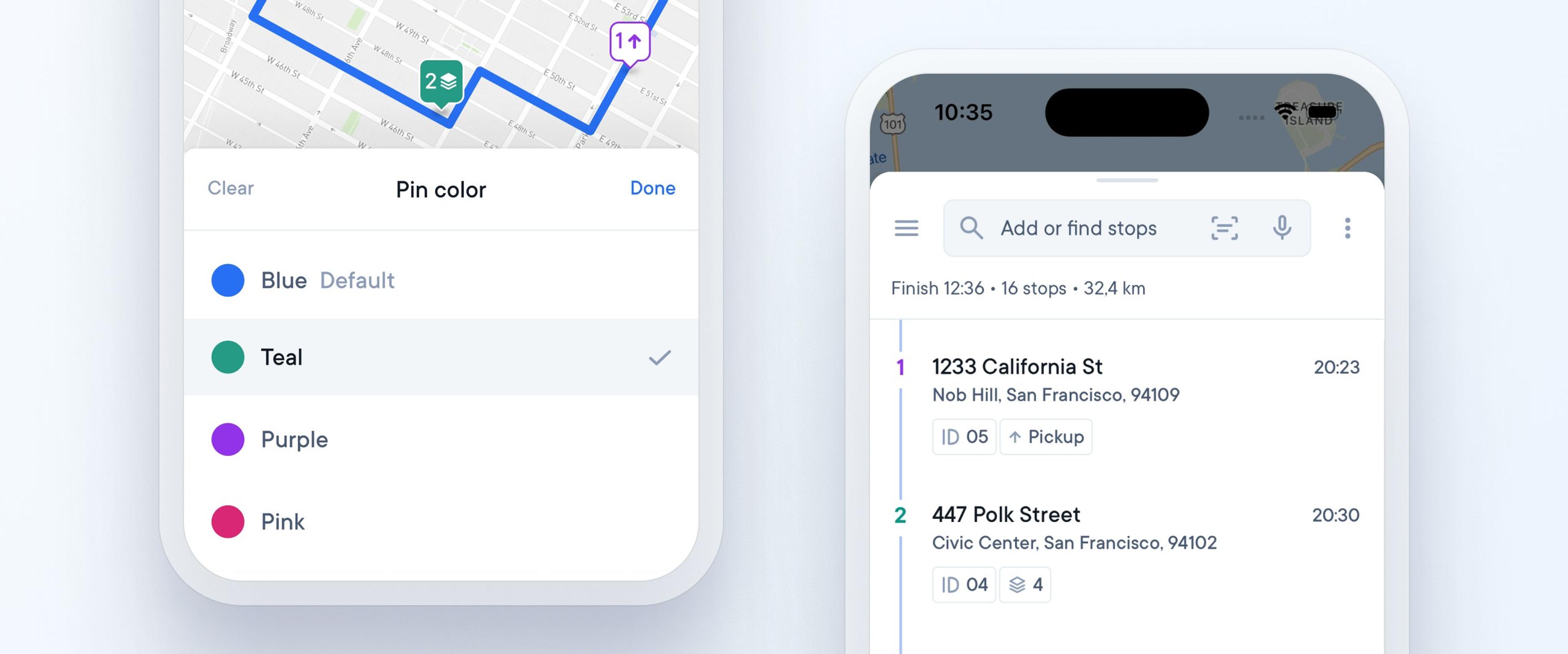 Driver app with delivery stop color pin
