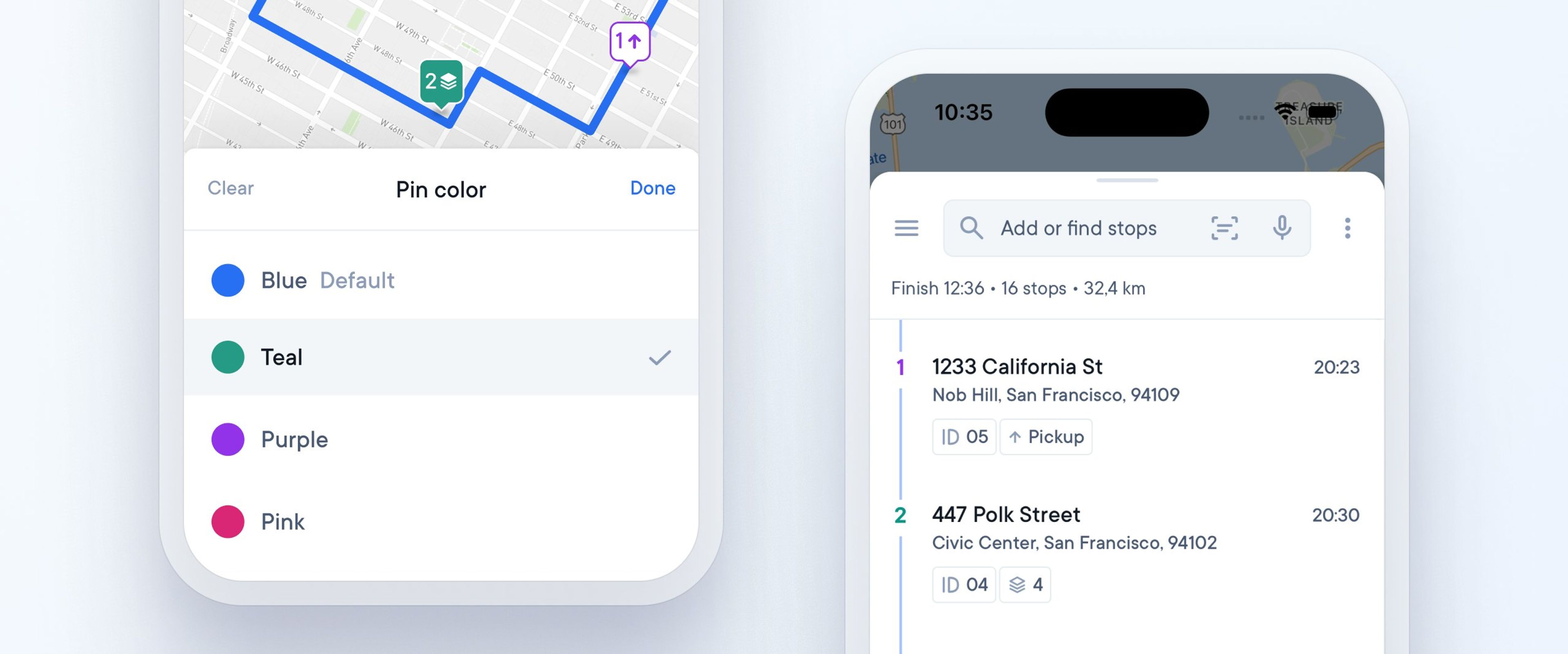 Driver app with delivery stop color pin
