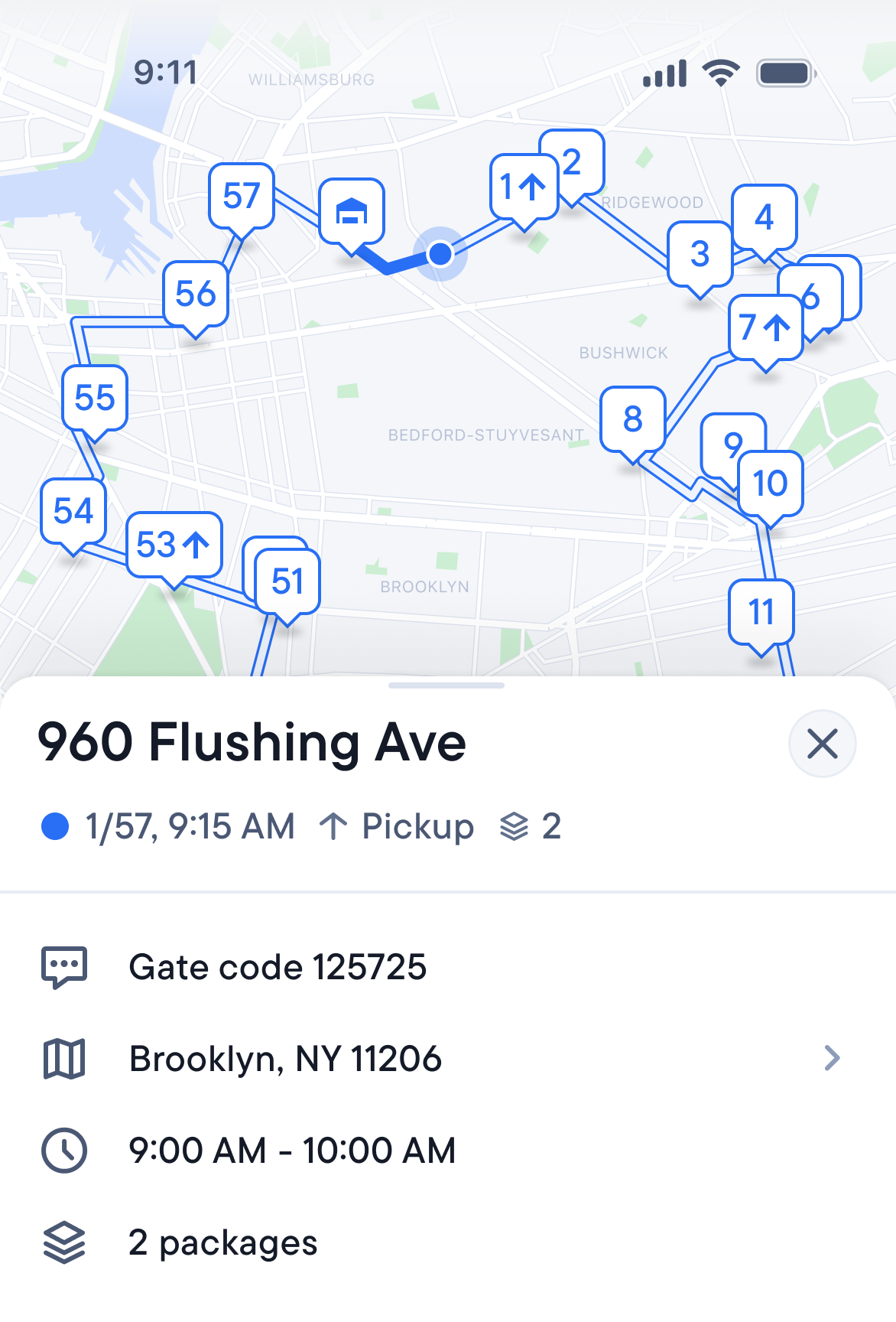 A delivery route app, showing a map with optimized stops