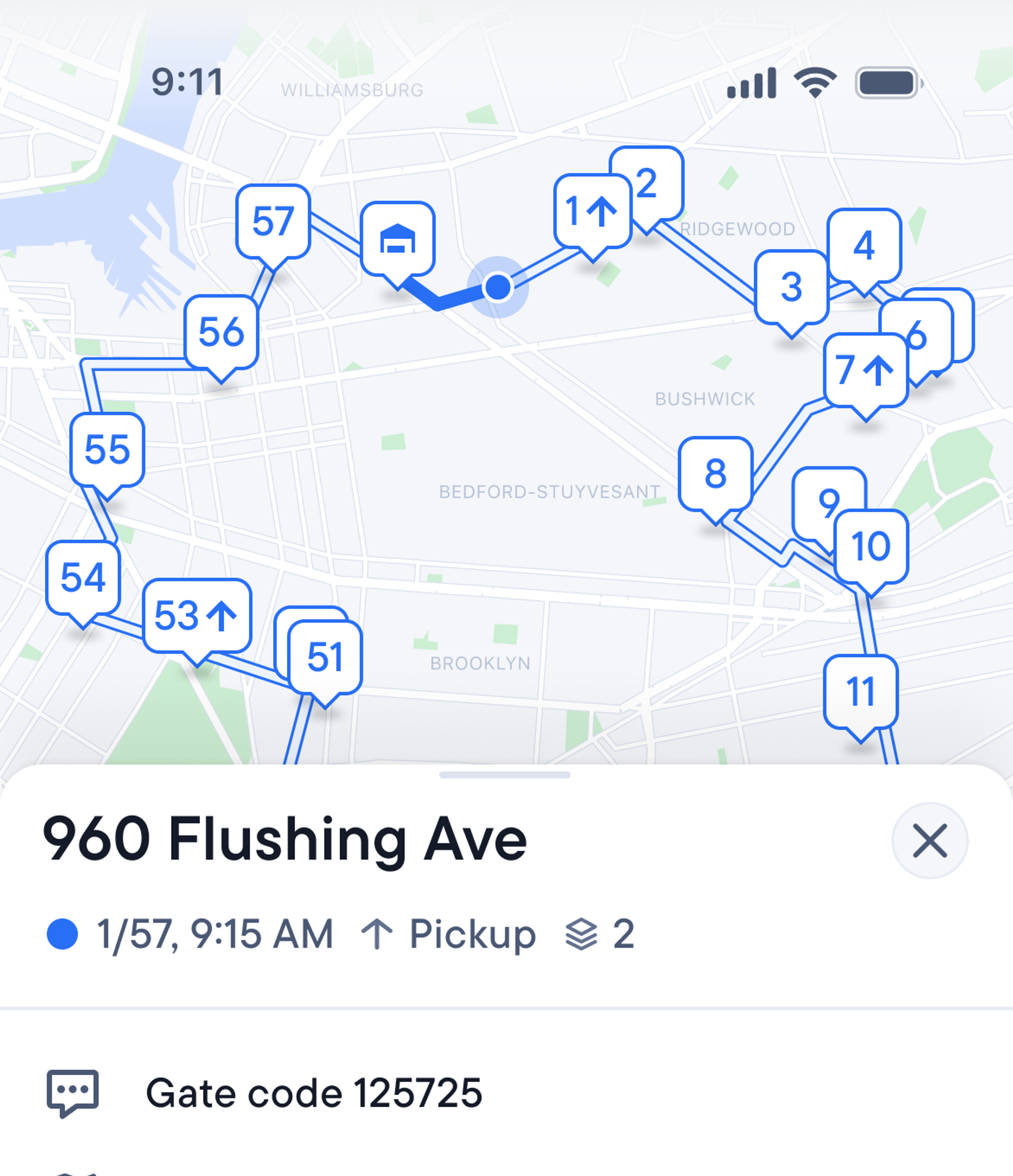 A delivery route app, showing a map with optimized stops