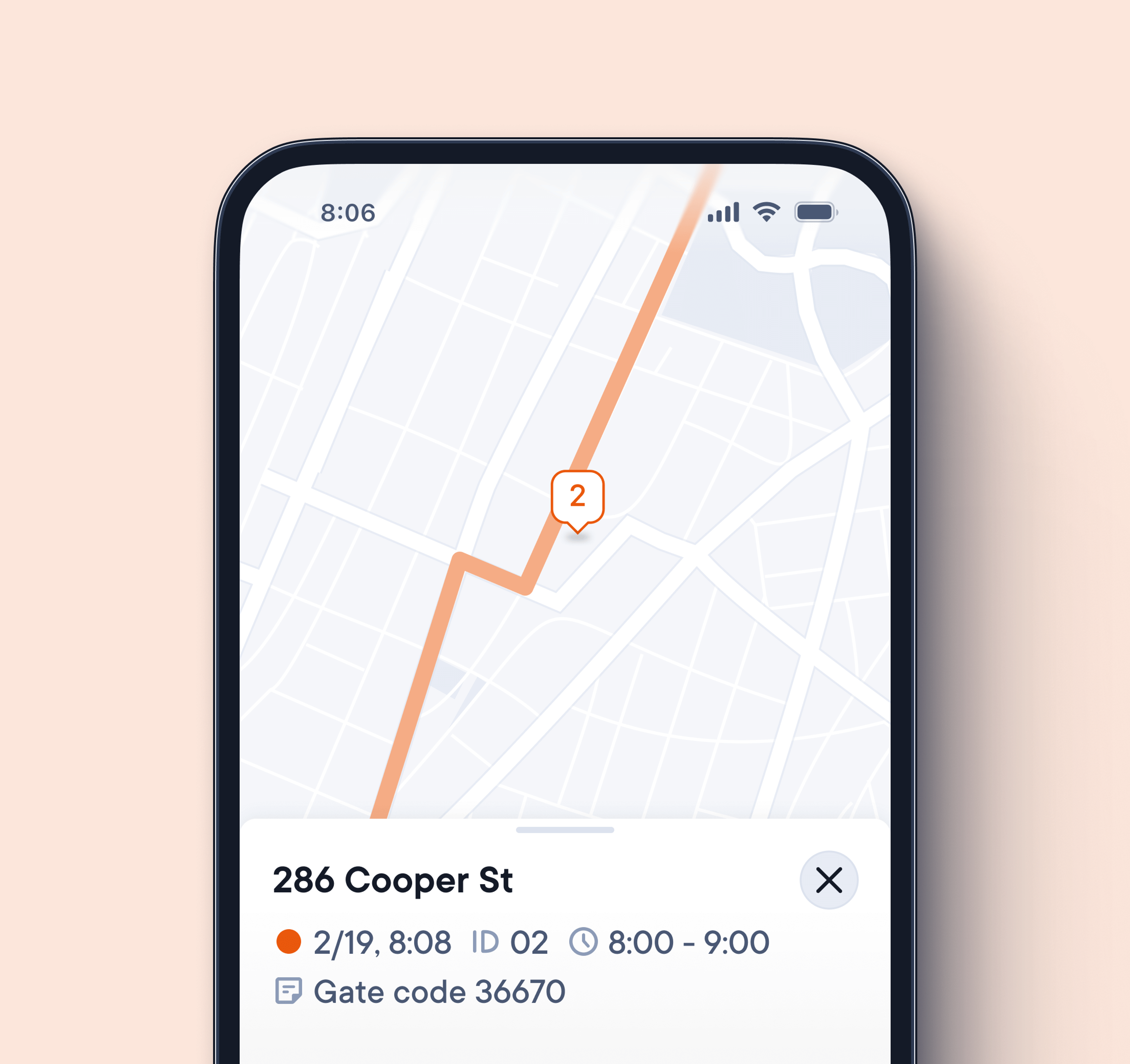 Mobile device showing delivery stop details for 286 Cooper St, including route number 2, delivery time 8:08 AM, time window 8:00–9:00 AM, and gate code 36670.