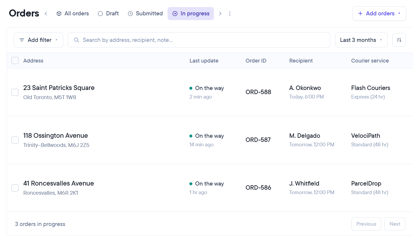 Screenshot of an order management dashboard displaying a list of three 'in progress' orders, including addresses, 'On the way' status, order IDs, recipients, and courier services.