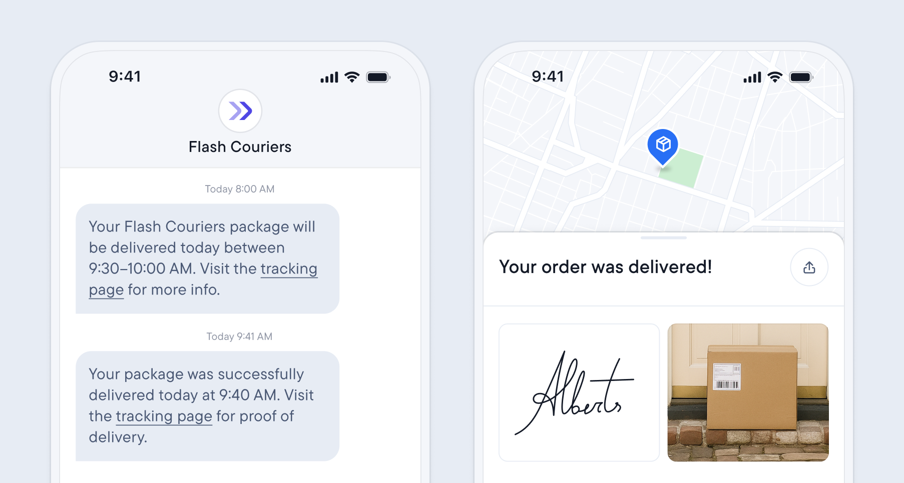 Screens of the app showing delivery updates, map tracking, a signature, and a photo of a delivered package.