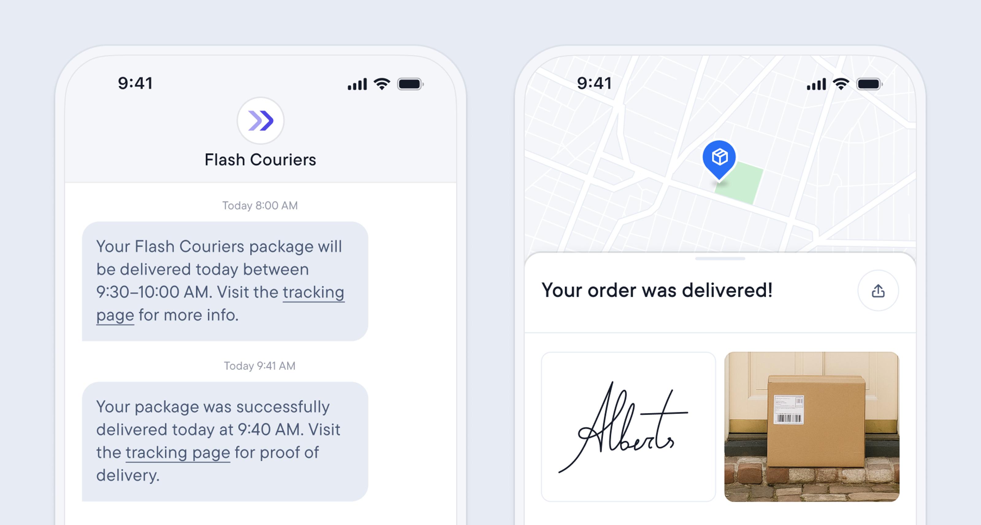 Screens of the app showing delivery updates, map tracking, a signature, and a photo of a delivered package.