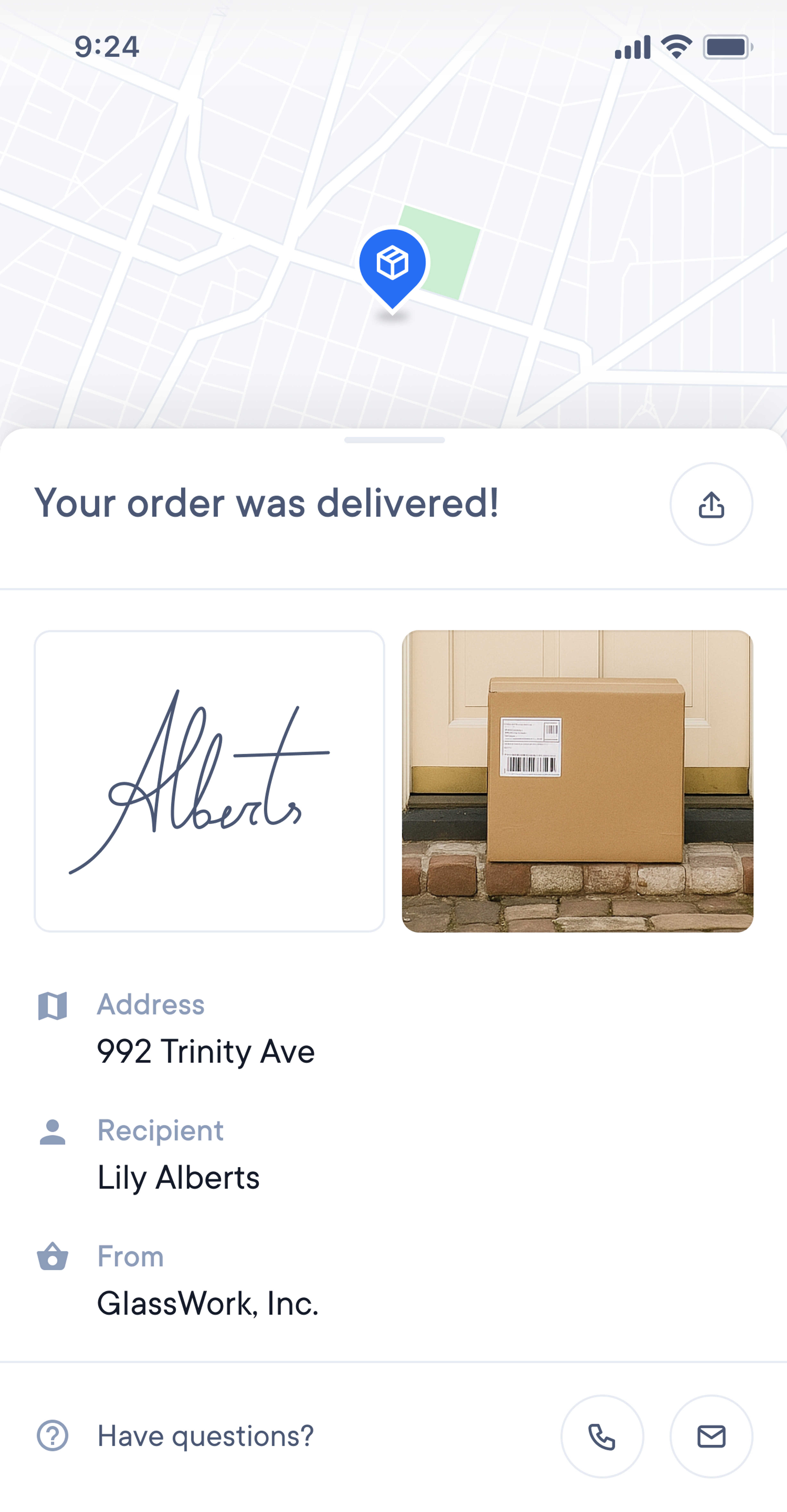 Mobile app screen confirming "Your order was delivered!" with a map, signature, package photo on a doorstep, and delivery details.
