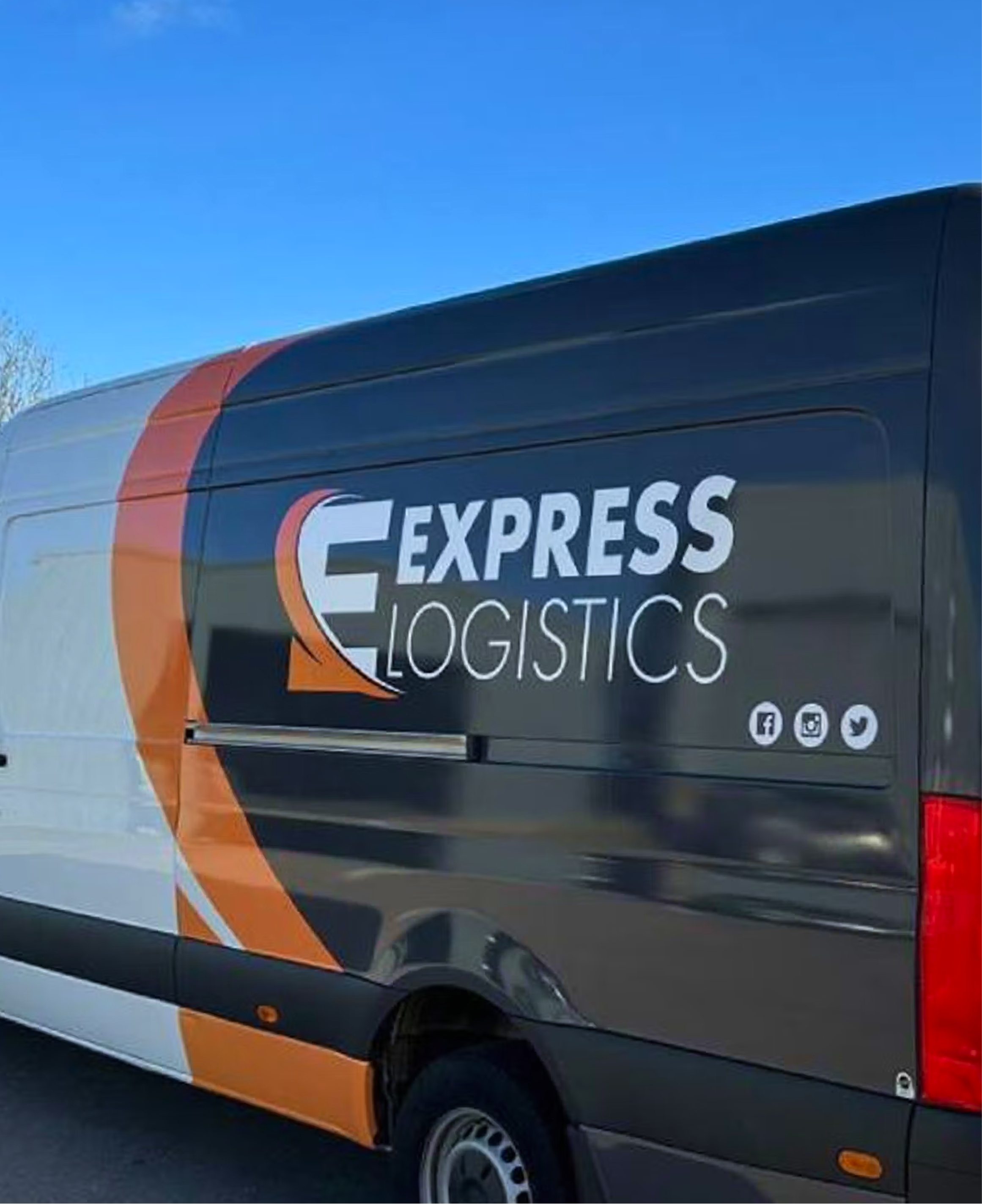Side view of a white, black, and orange Express Logistics van with its logo and social media icons.