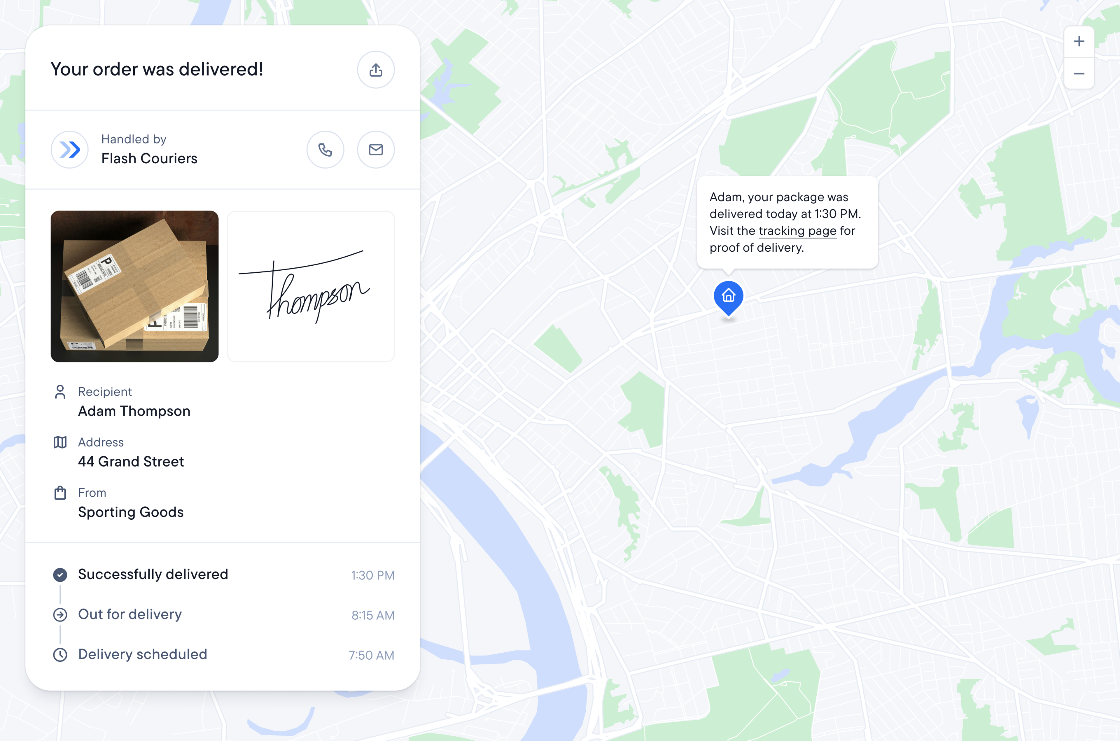 Tracking interface showing a delivered status, proof of delivery with a signature and boxes, recipient details, and a map with a delivery notification.