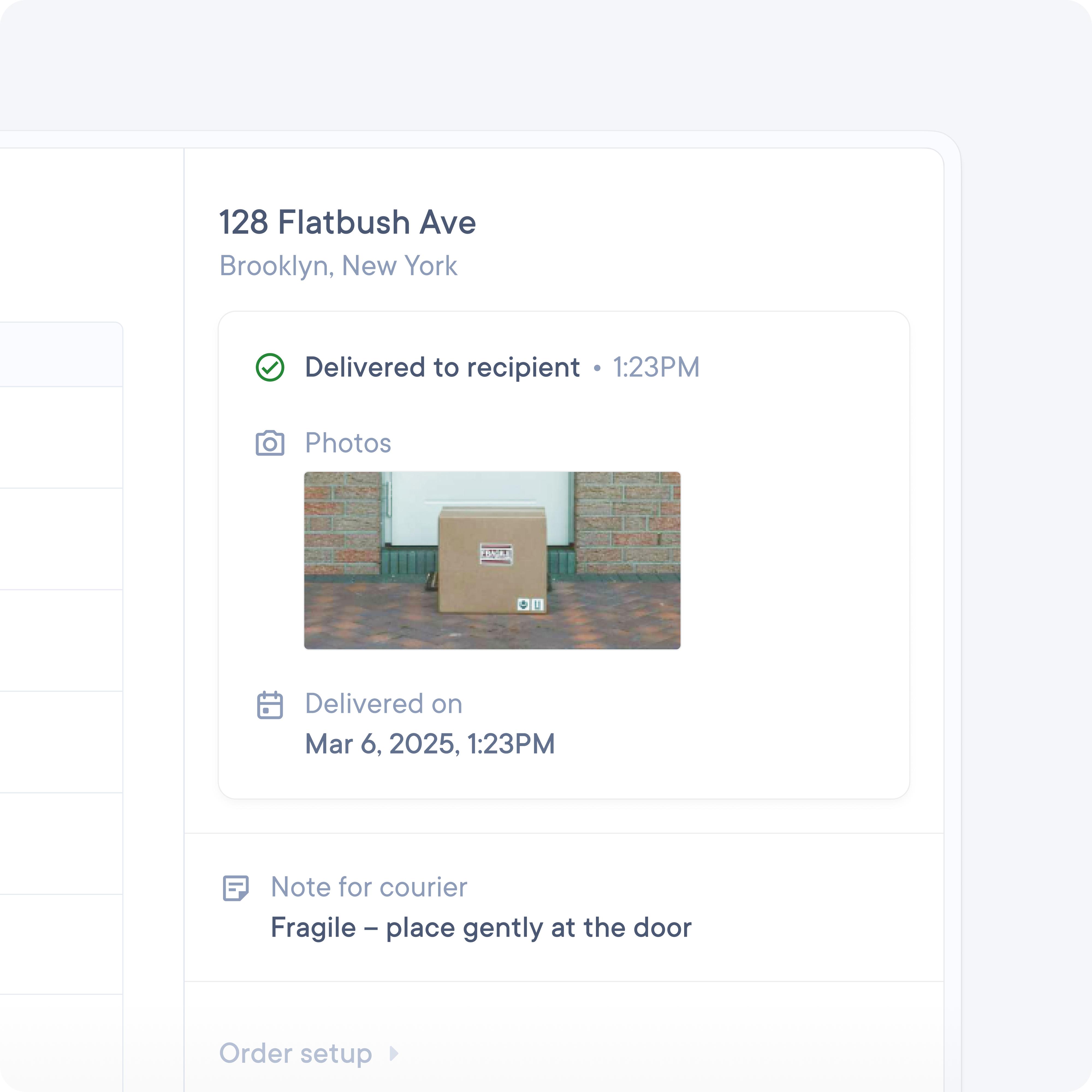 Order details for 128 Flatbush Ave show it was delivered at 1:23PM with a photo of the package at the door. Courier note says "Fragile – place gently at the door."