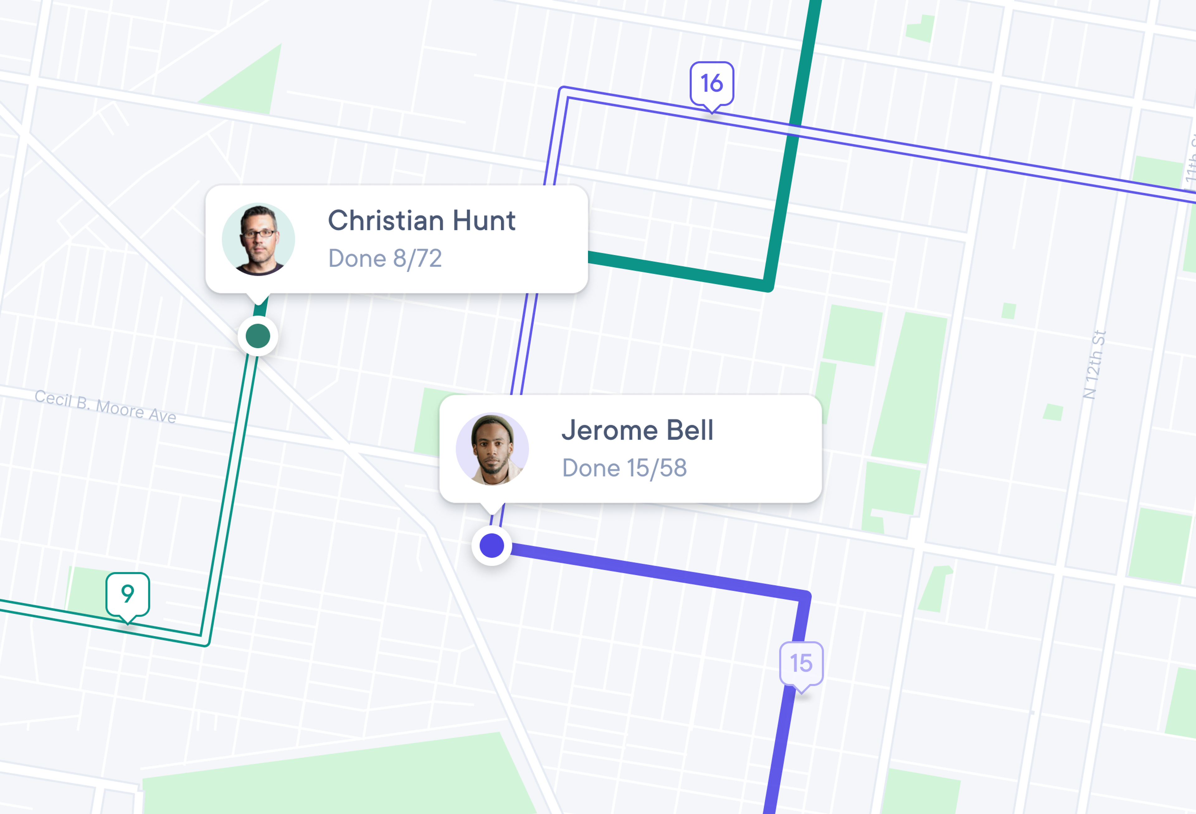Map view with two colored delivery routes and markers for Christian Hunt (Done 8/72) and Jerome Bell (Done 15/58) at their current stops.
