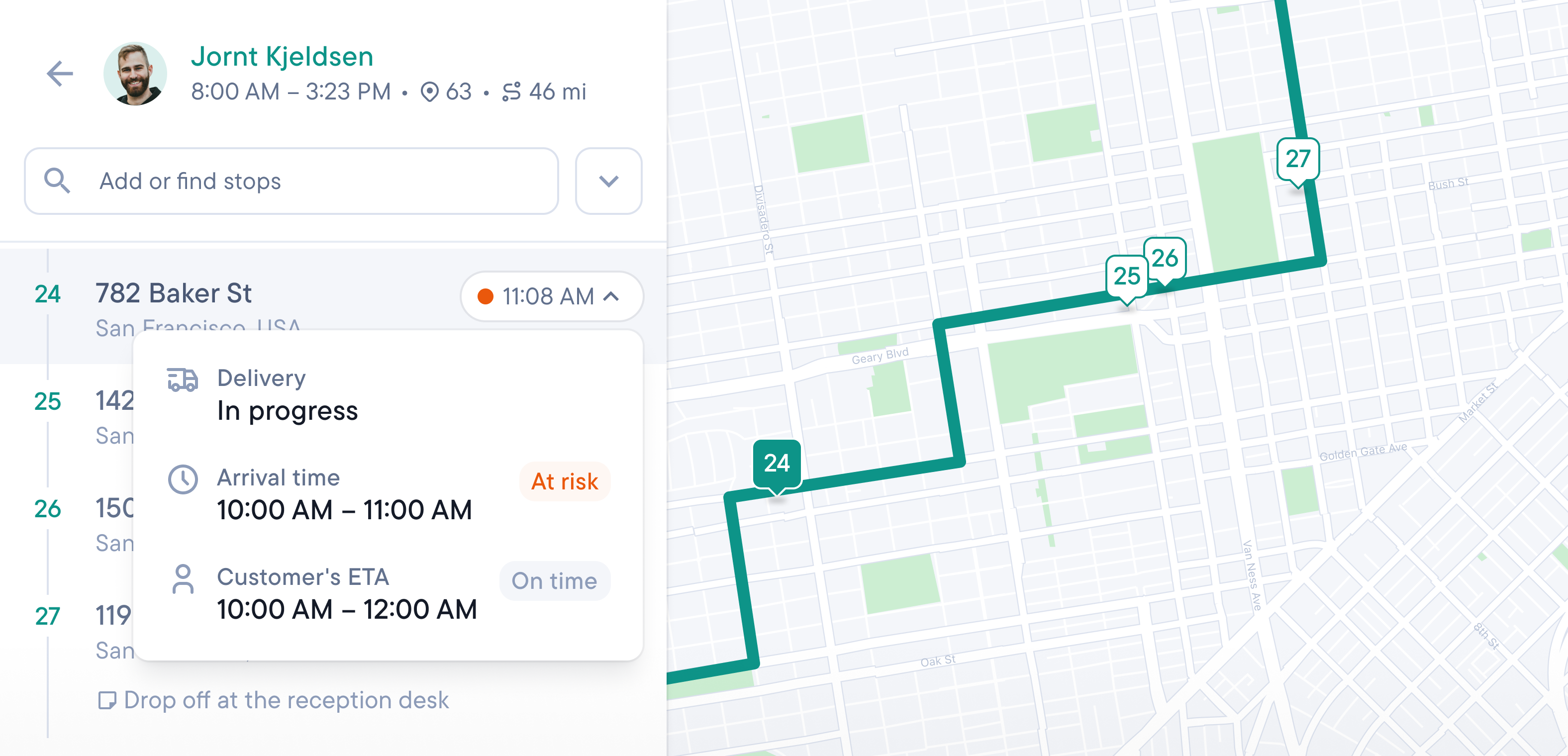 Delivery management software interface displaying a driver's route on a map and details for an 'in progress' stop with an 'at risk' arrival time.