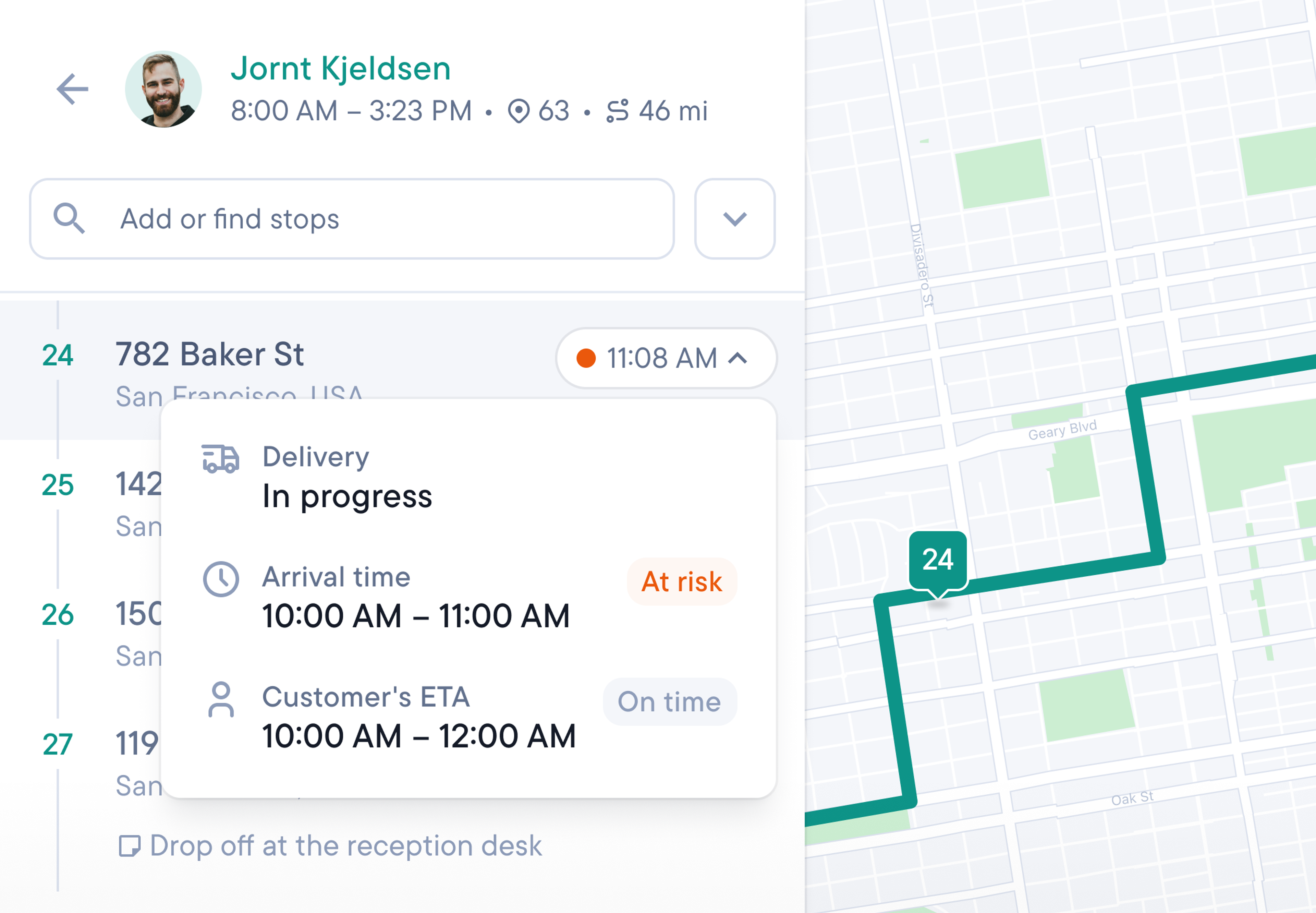 Delivery management software interface displaying a driver's route on a map and details for an 'in progress' stop with an 'at risk' arrival time.