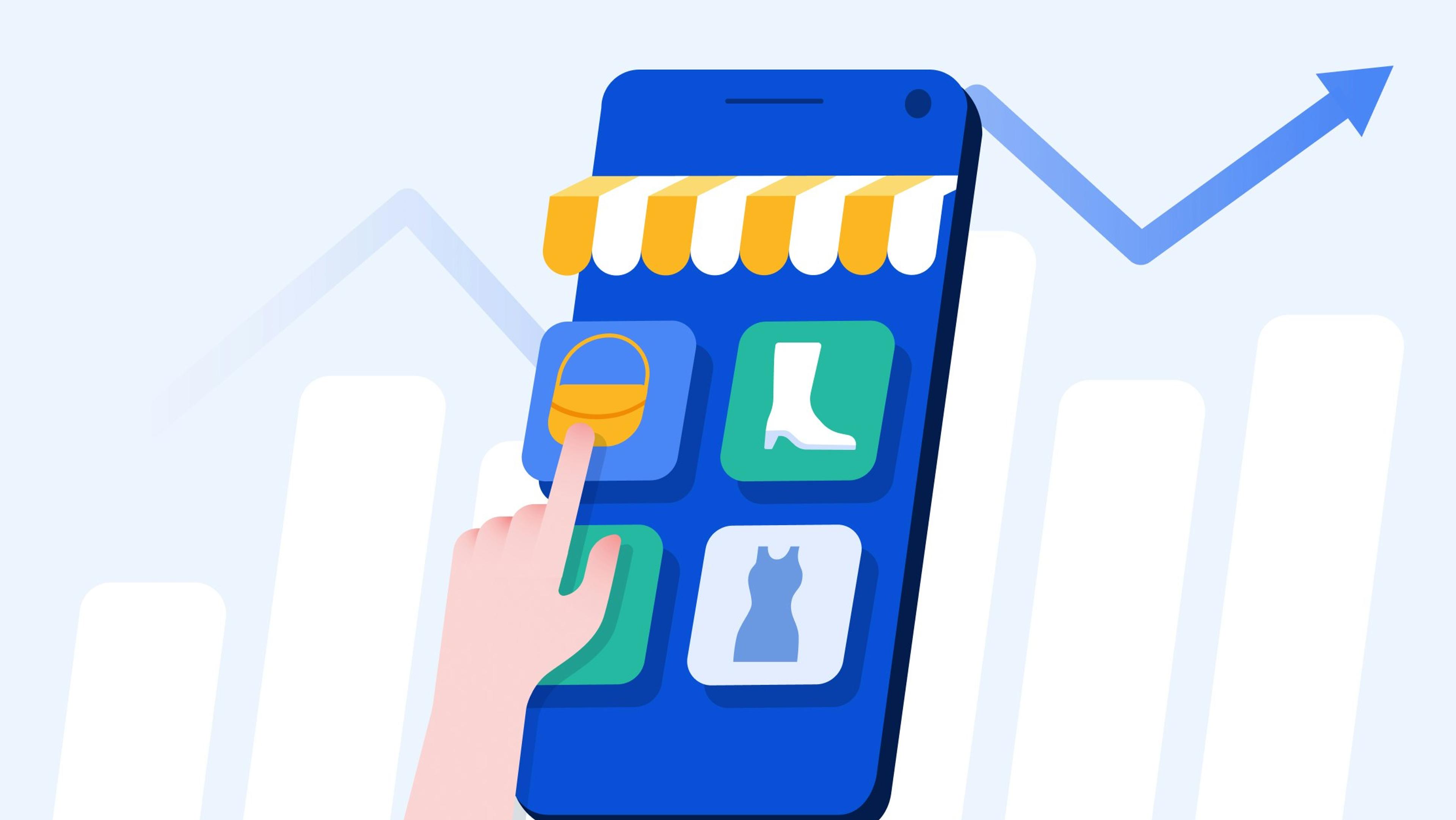 Cartoon hand using a shopping app on a mobile device