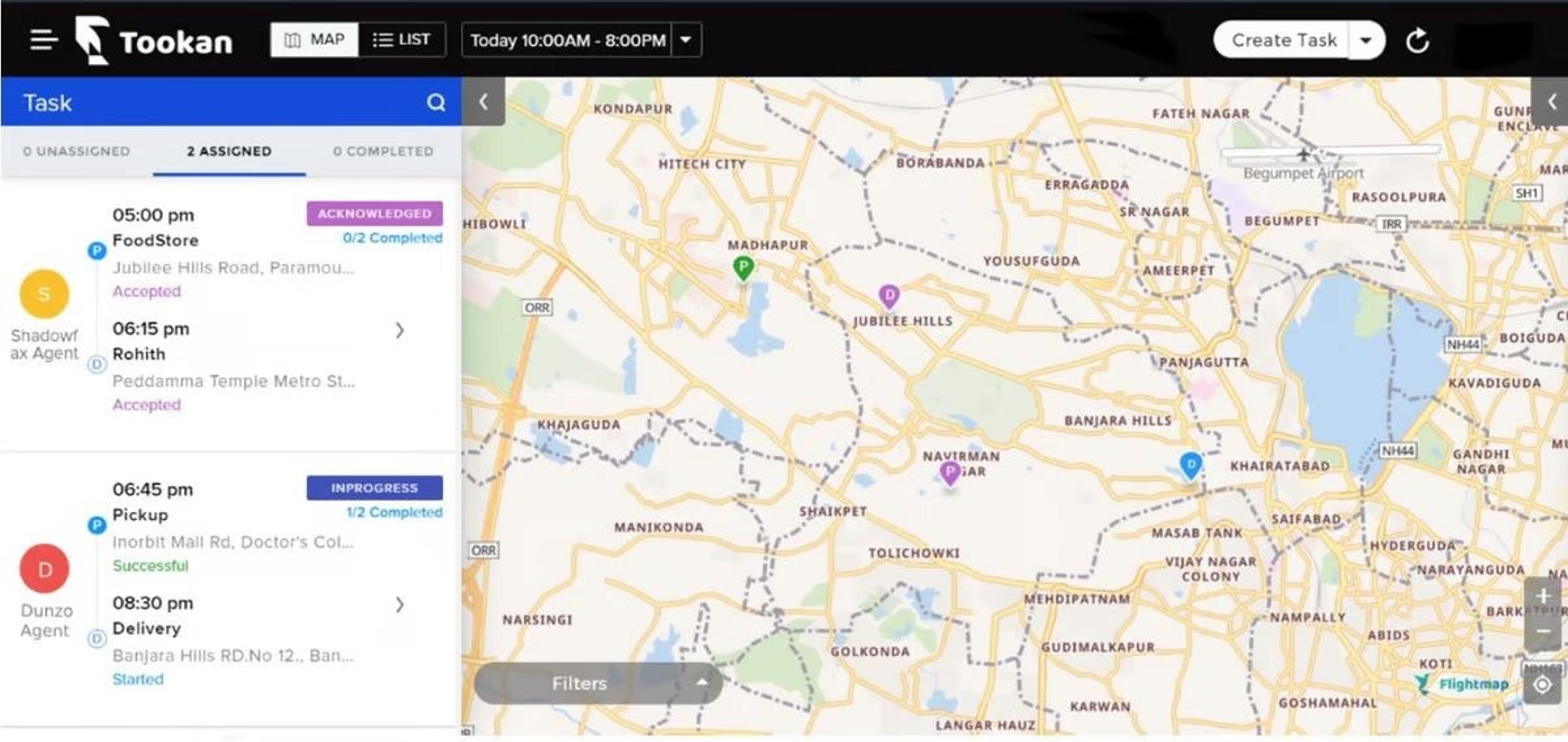 Image showing the Tookan task management interface. It includes a map displaying assigned delivery or pickup tasks, along with their respective statuses and agents.