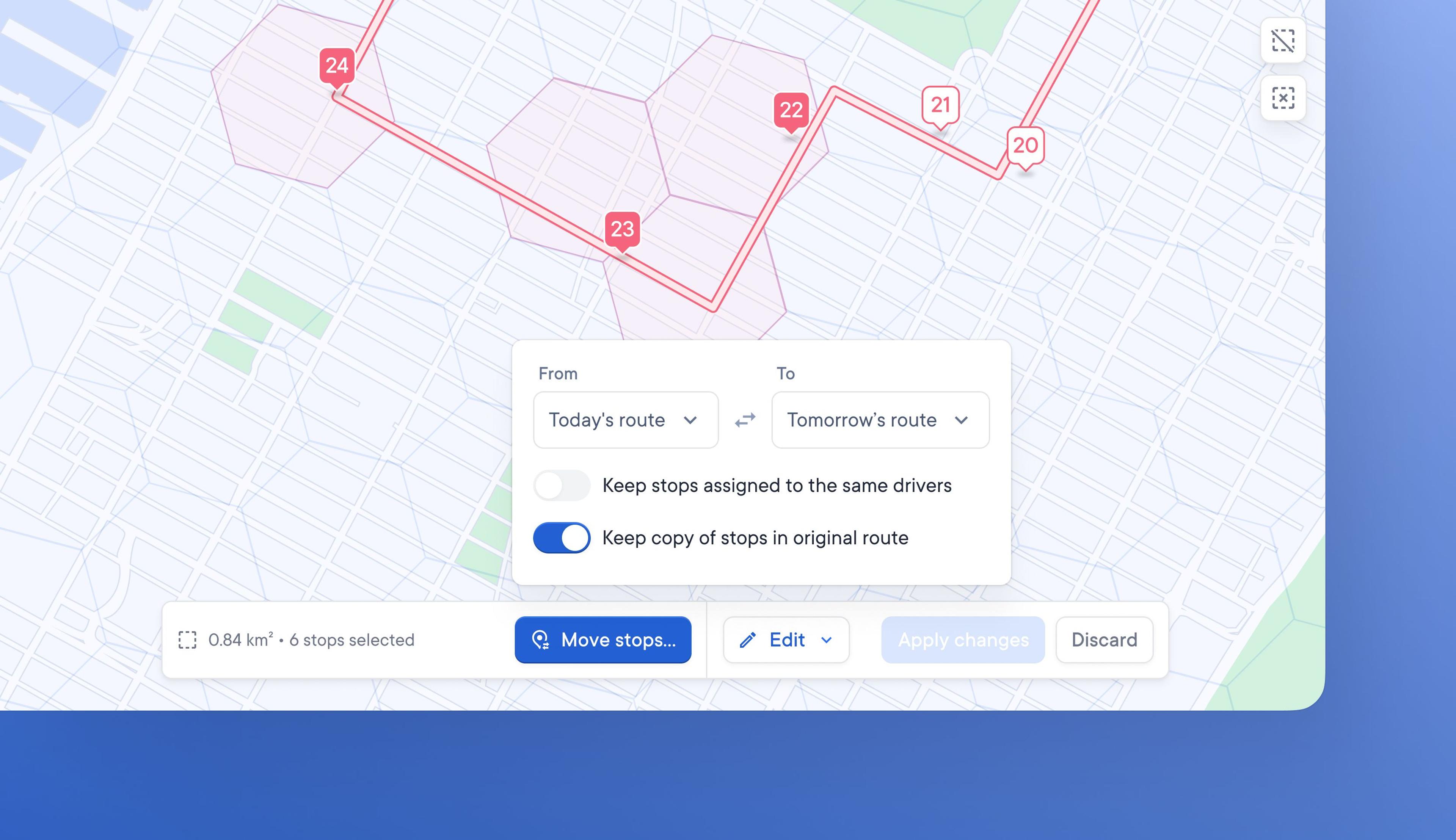 Choose to move or copy stops between routes