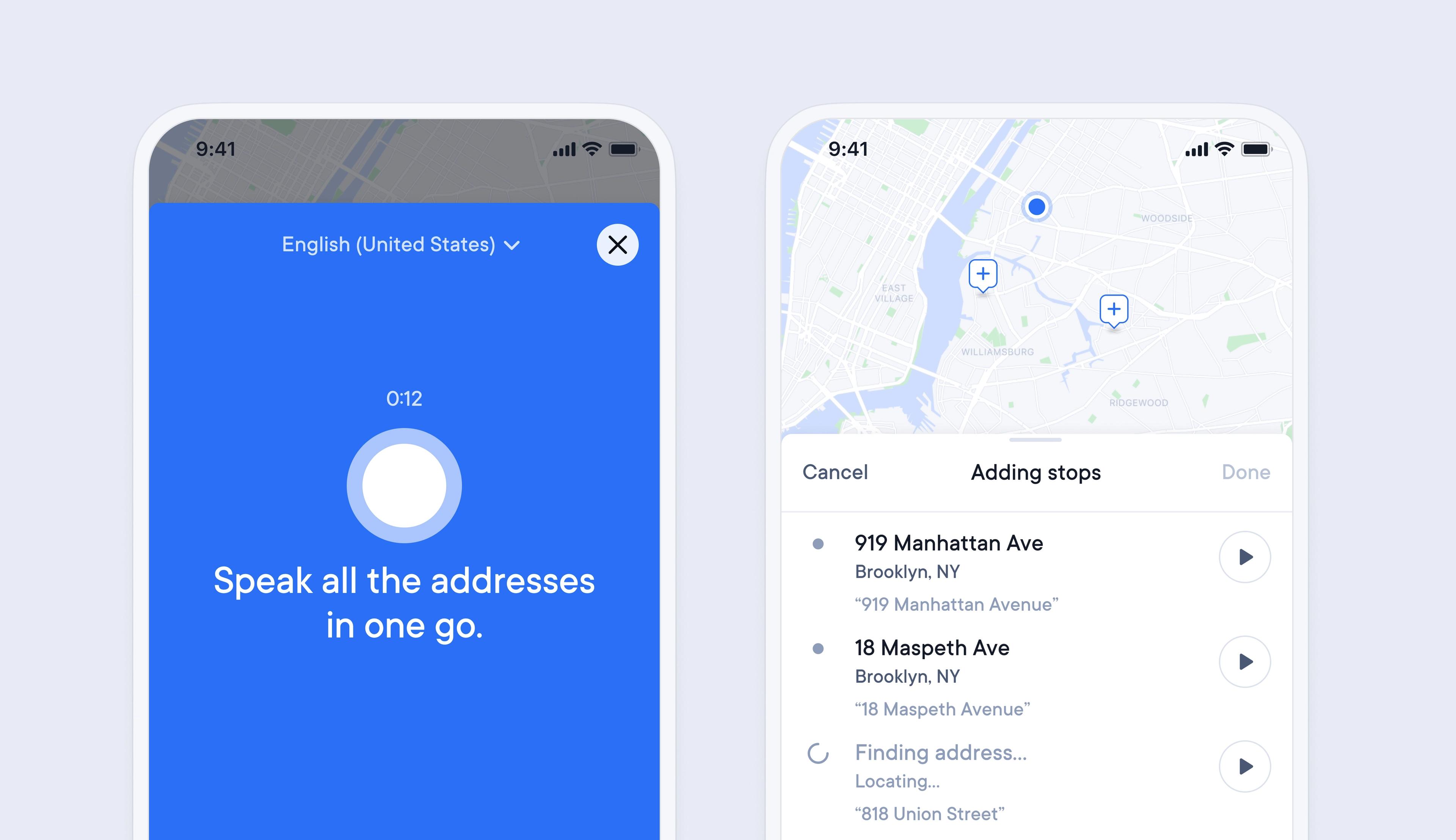 Two phone screens display a map app: one shows a voice input prompt to "Speak all the addresses in one go," and the other lists multiple addresses added as stops.