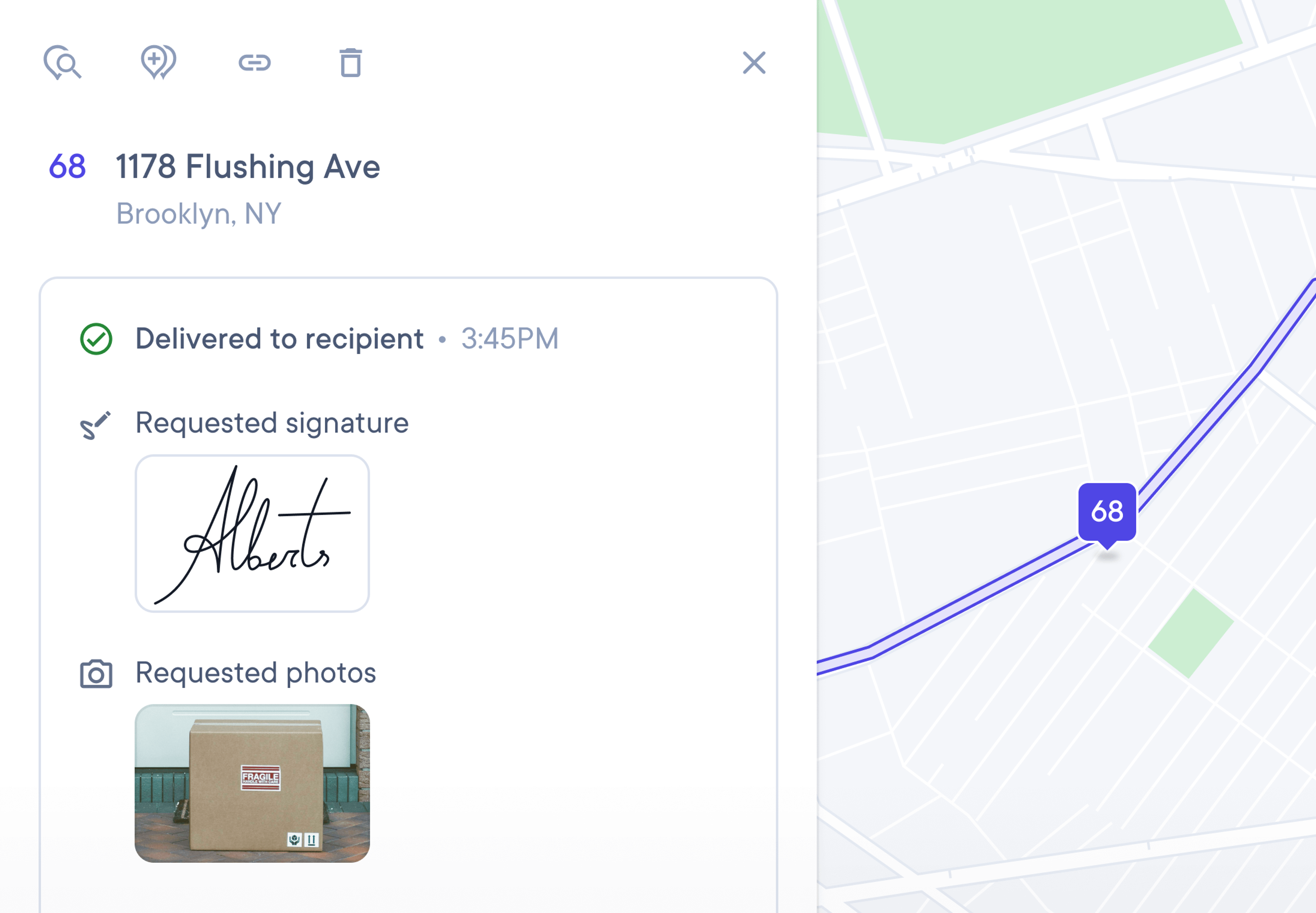 Detail view for stop 68 at 1178 Flushing Ave, Brooklyn, NY, showing ‘Delivered to recipient • 3:45 PM’ with a green check icon. Under ‘Requested signature’ is a signature graphic reading ‘Alberto’. Below, ‘Requested photos’ displays a photo of a cardboard box labeled ‘Fragile’. To the right, a map shows a purple route line with bubbles 68→69→70 etc.