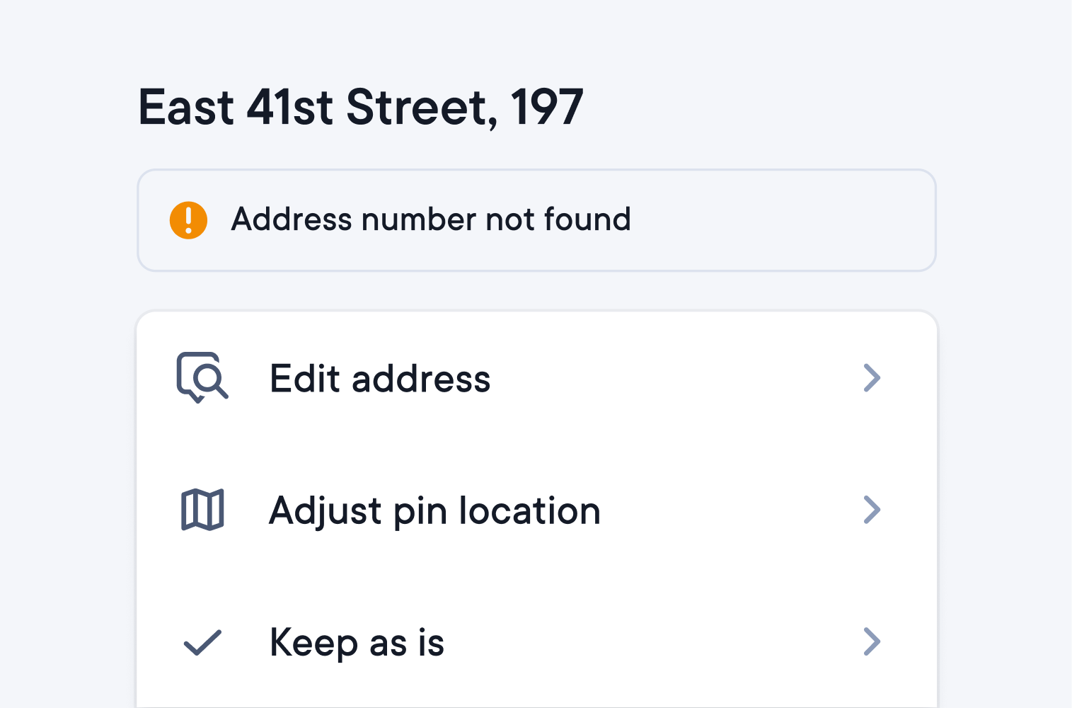 Address not found warning with options to edit the address, adjust the pin, or keep it as is