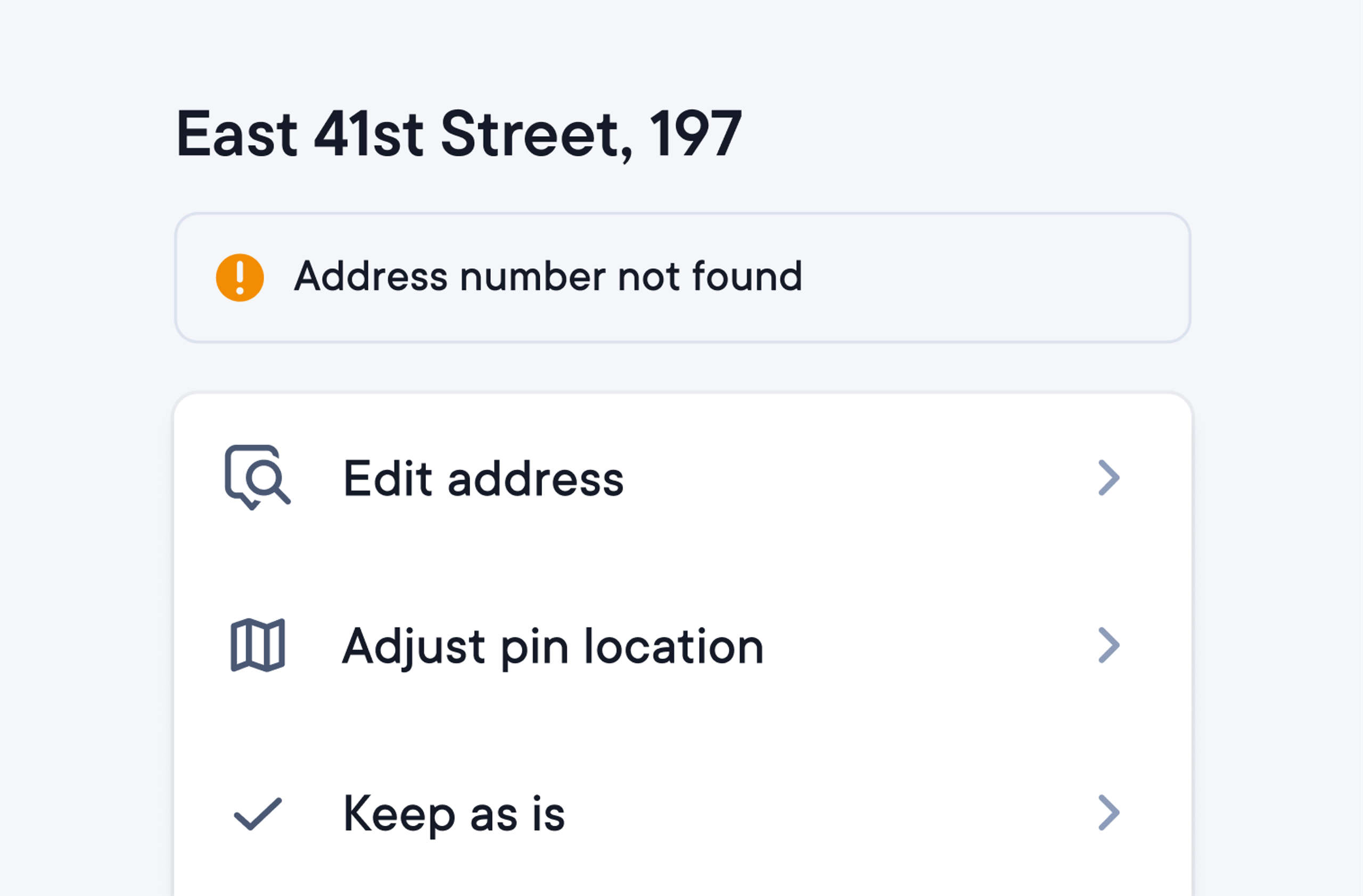 Address not found warning with options to edit the address, adjust the pin, or keep it as is