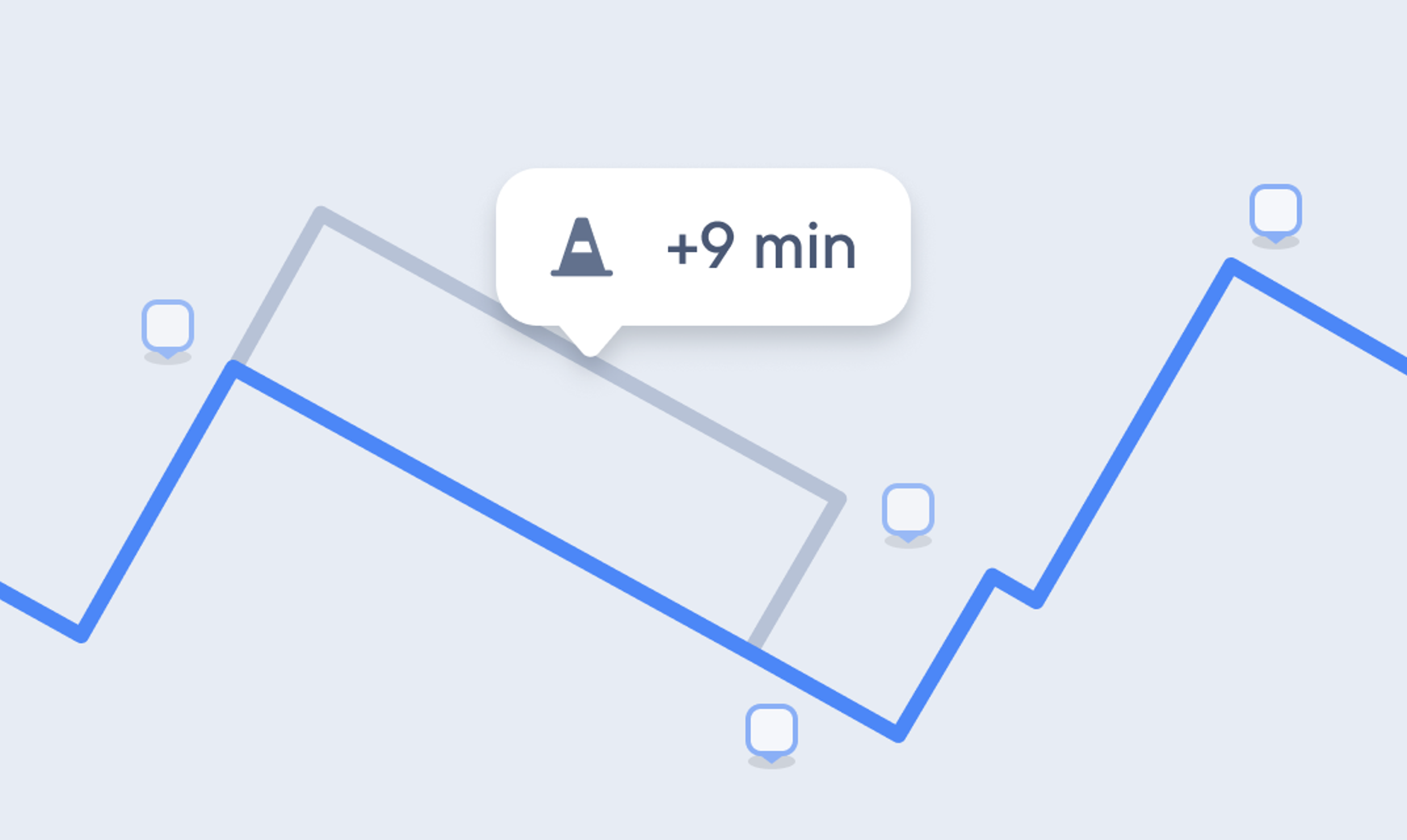 Delivery route with a grey alternate path and notification bubble indicating a +9 minute delay