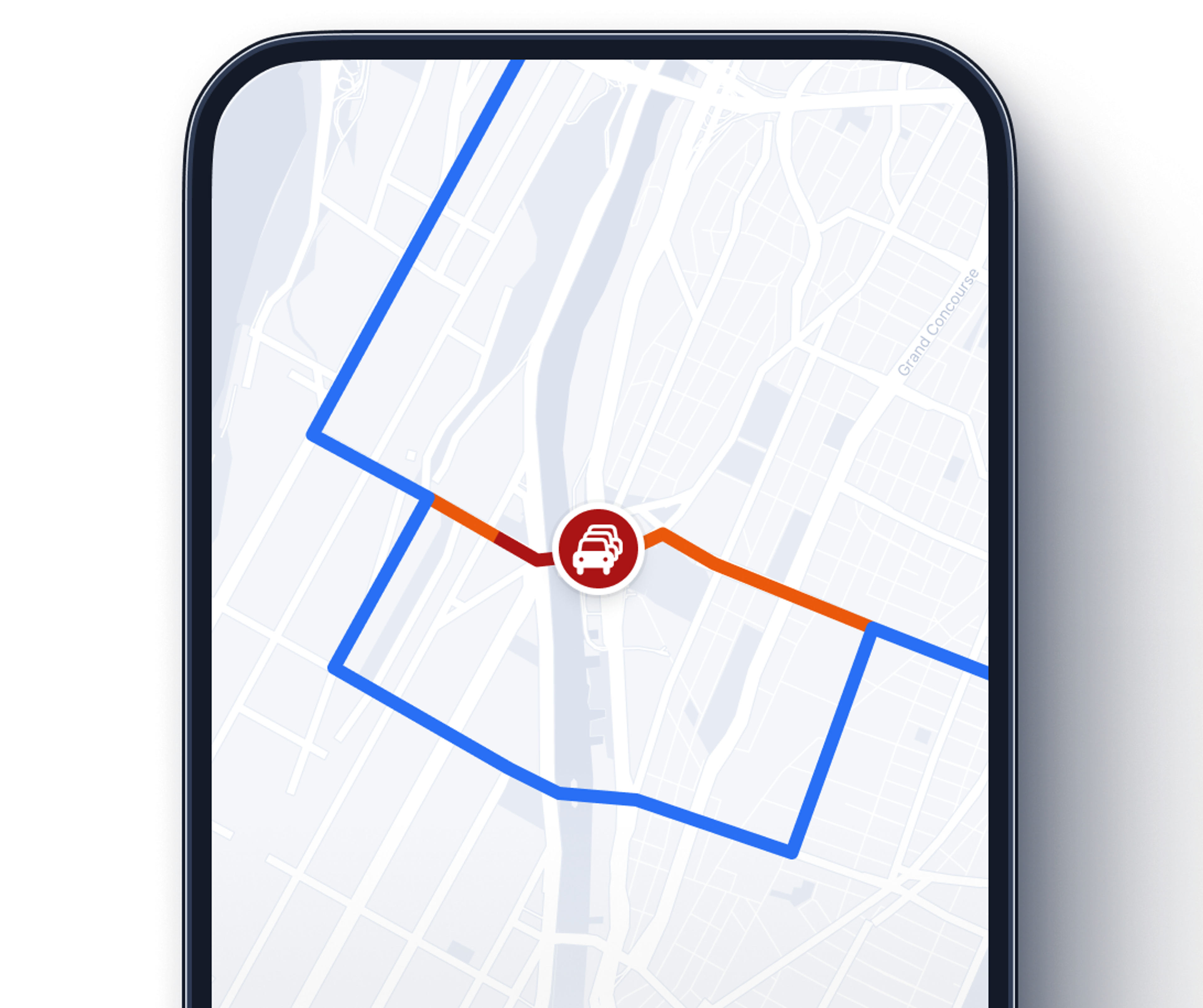 Smartphone screen showing a navigation map with a red traffic congestion icon on the route, indicating a traffic delay between two colored segments.