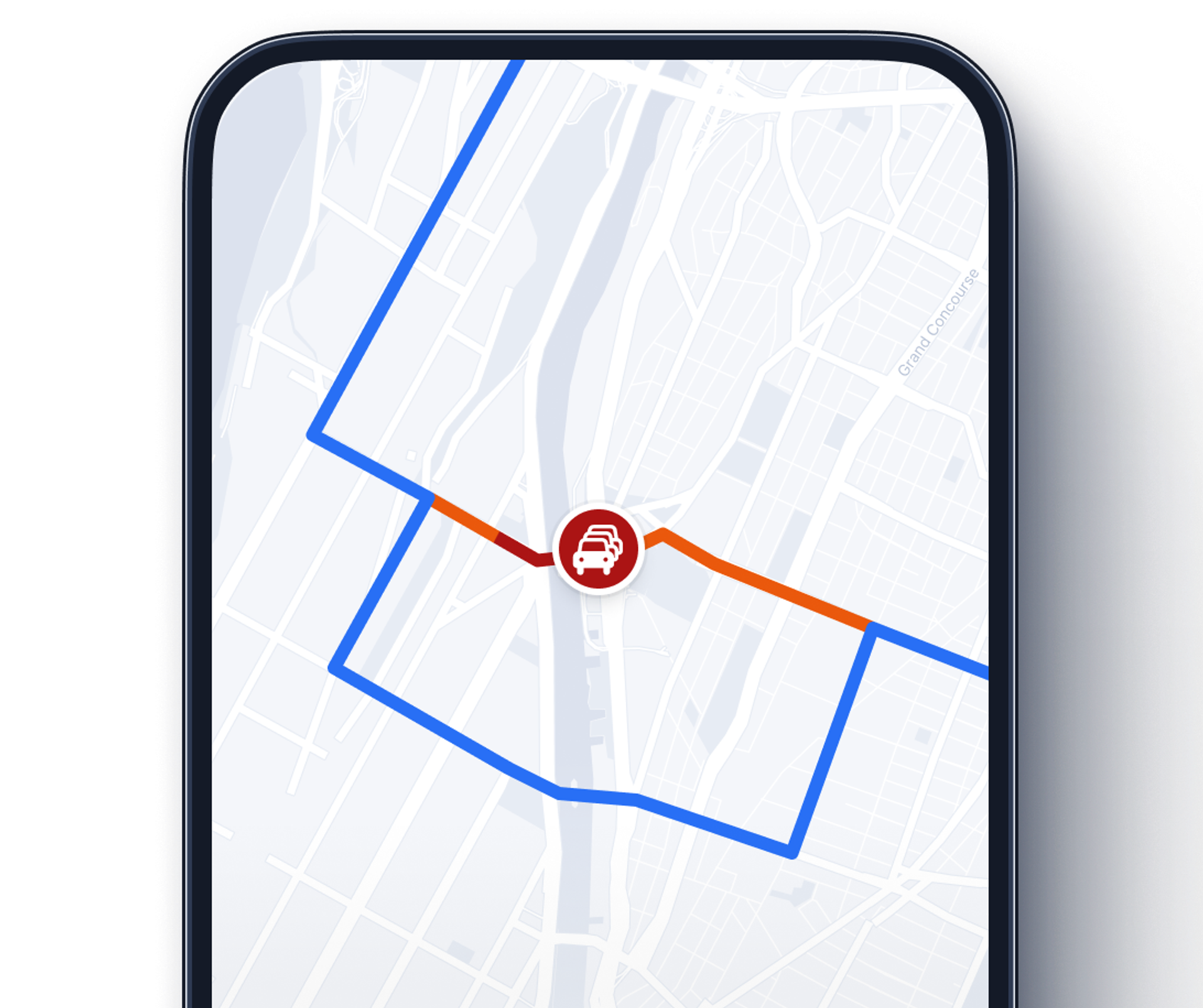 Smartphone screen showing a navigation map with a red traffic congestion icon on the route, indicating a traffic delay between two colored segments.