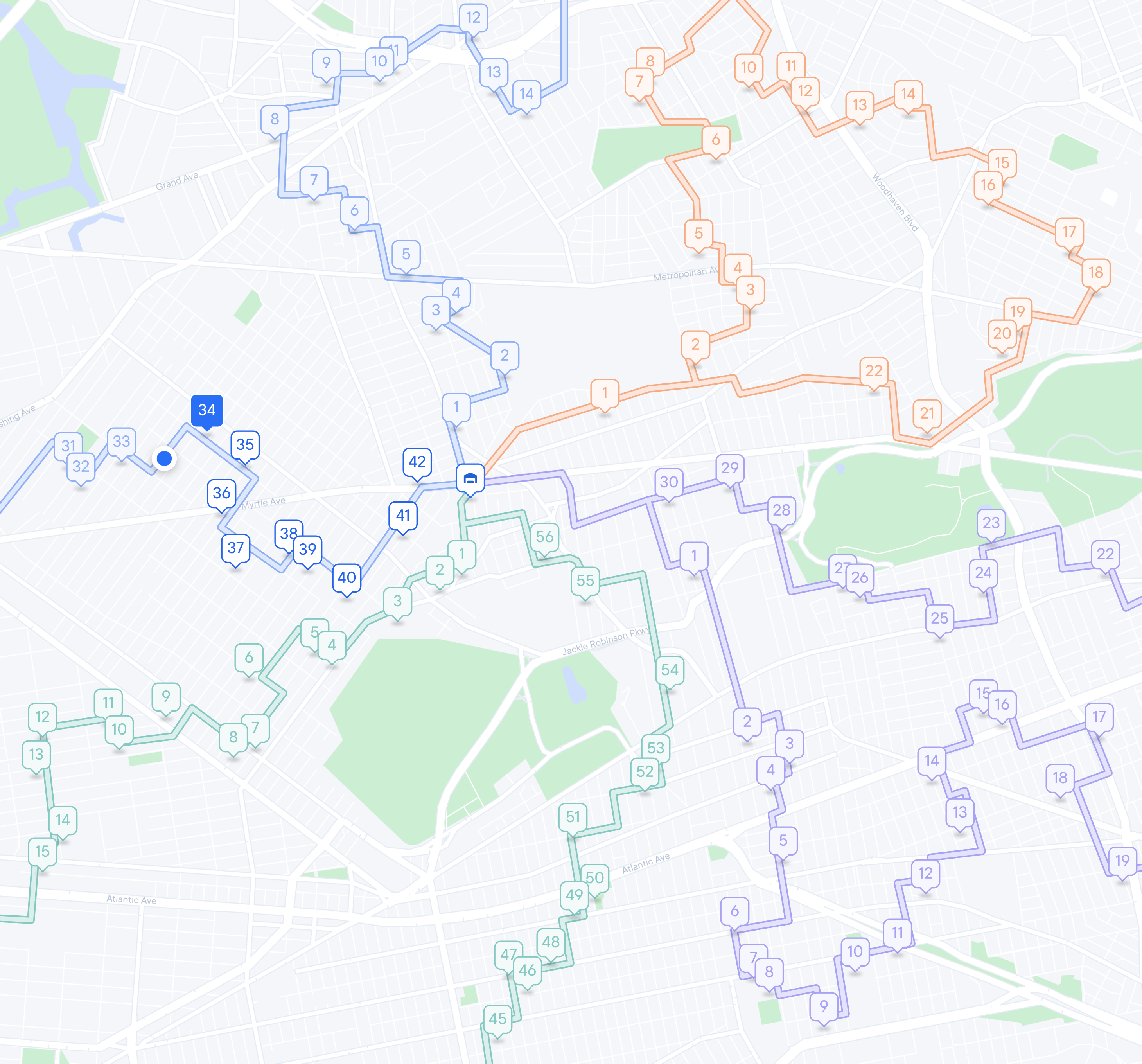 A map displaying multiple colored routes with hundreds of numbered stops, suggesting delivery or service paths.