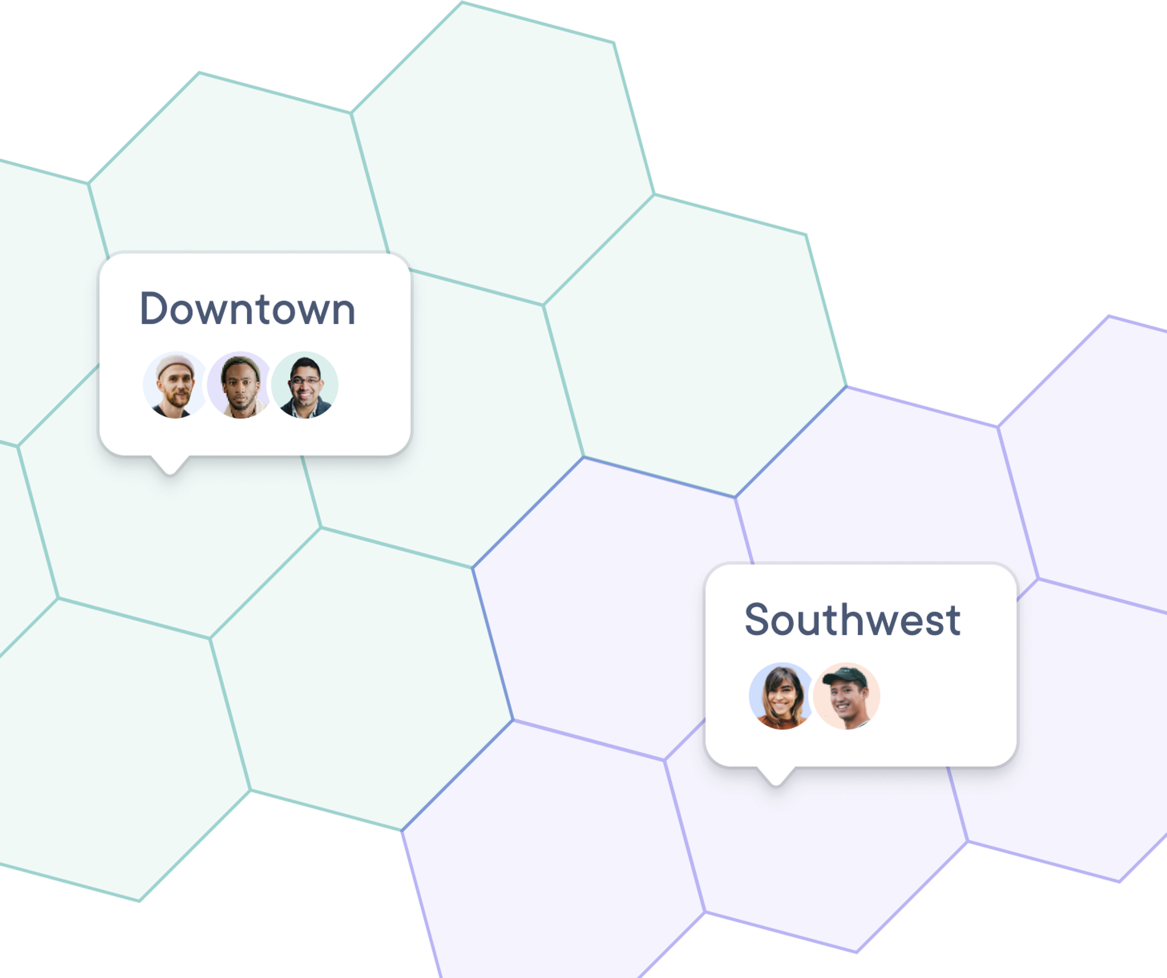 Hexagonal grid map showing two labeled delivery zones: ‘Downtown’ with three team member photos and ‘Southwest’ with two team member photos.