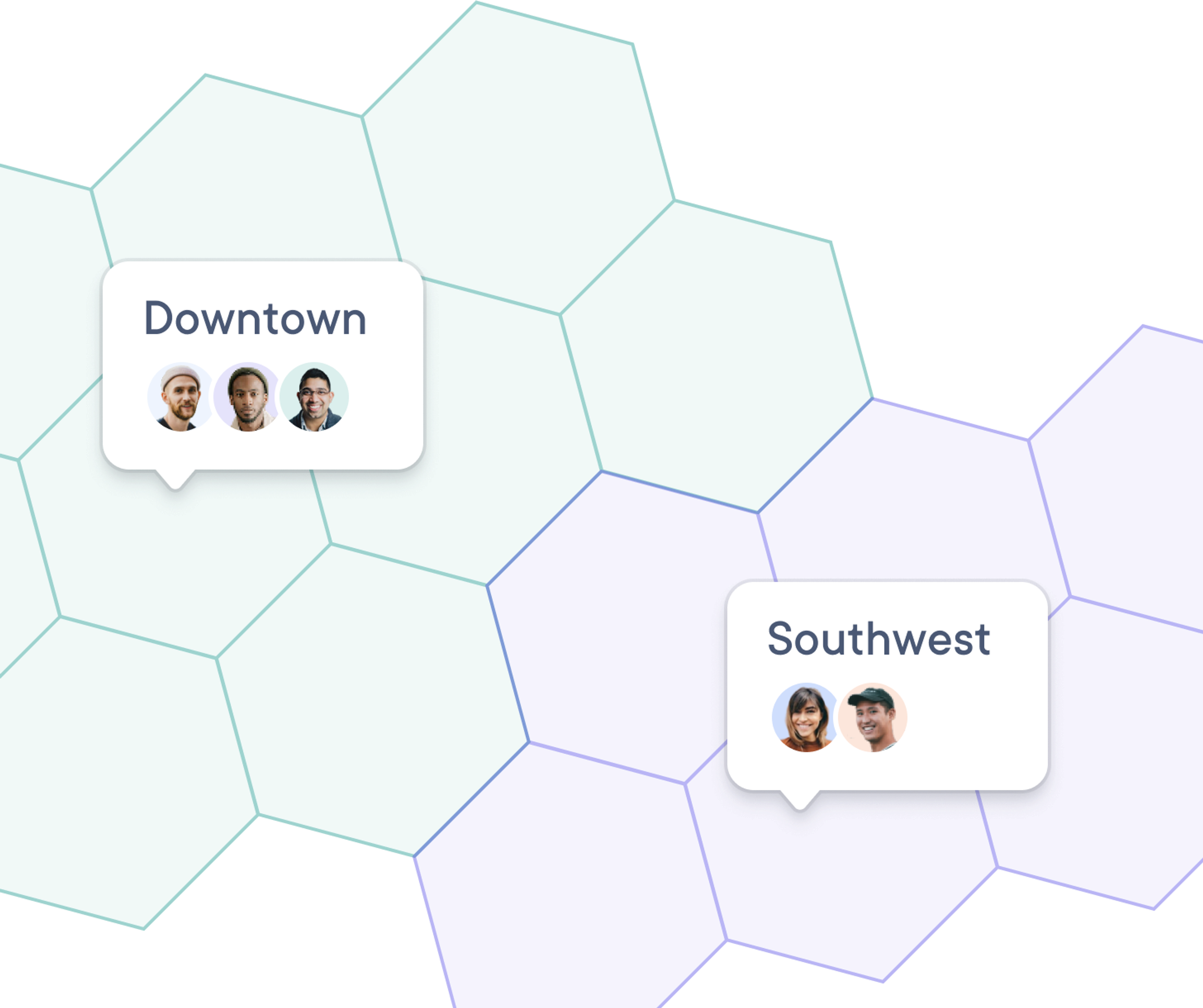 Hexagonal grid map showing two labeled delivery zones: ‘Downtown’ with three team member photos and ‘Southwest’ with two team member photos.